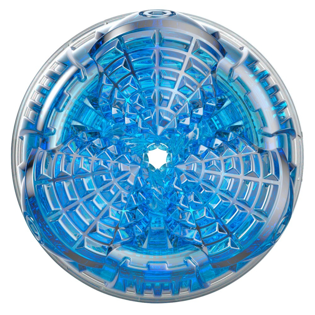 Abstraktes, kugelförmiges Objekt mit blau-silbernen geometrischen Mustern und weißem Zentrum.