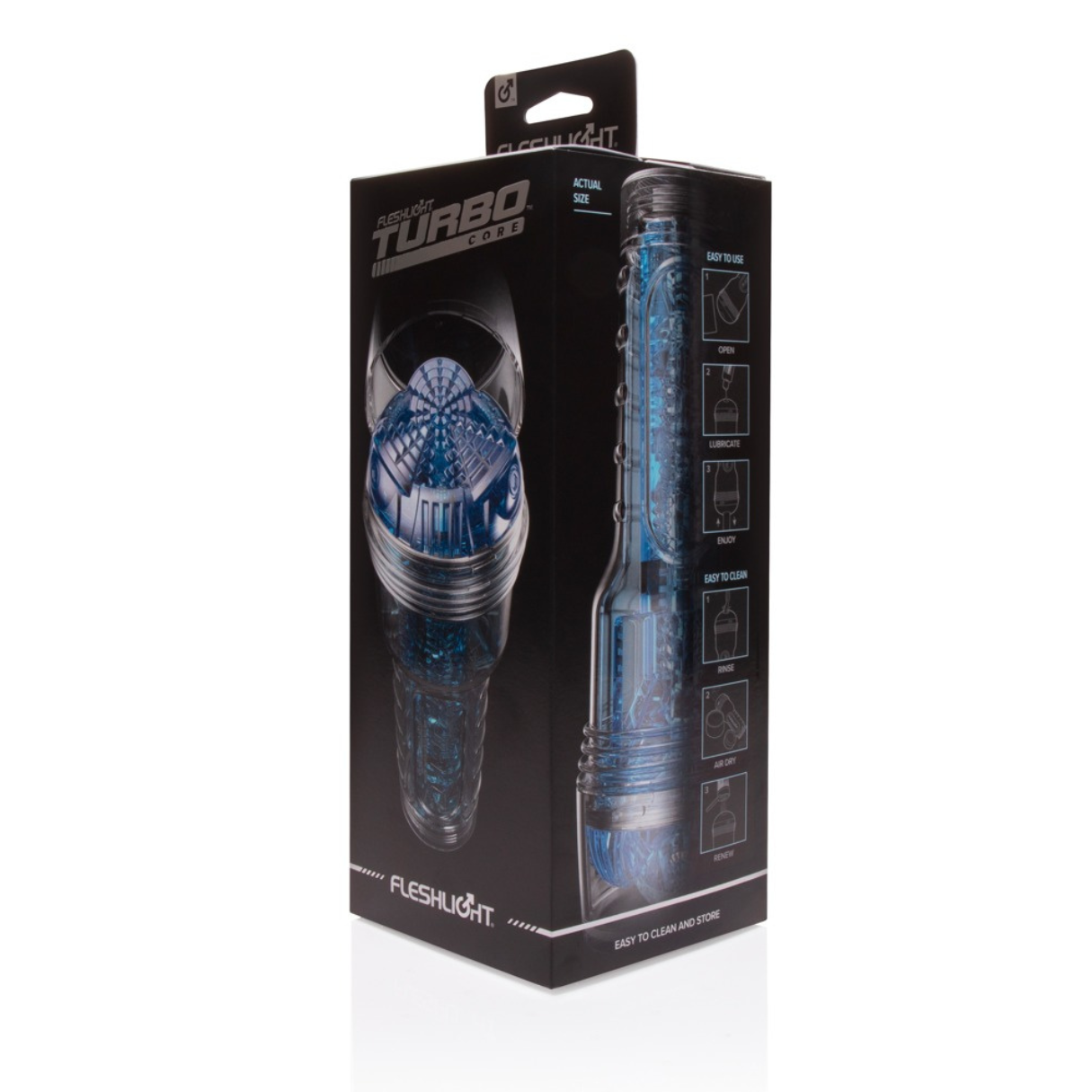Eine Fleshligh Turbo Core Box mit einem blauen und transparenten Sexspielzeug im Inneren, plus Anweisungen.