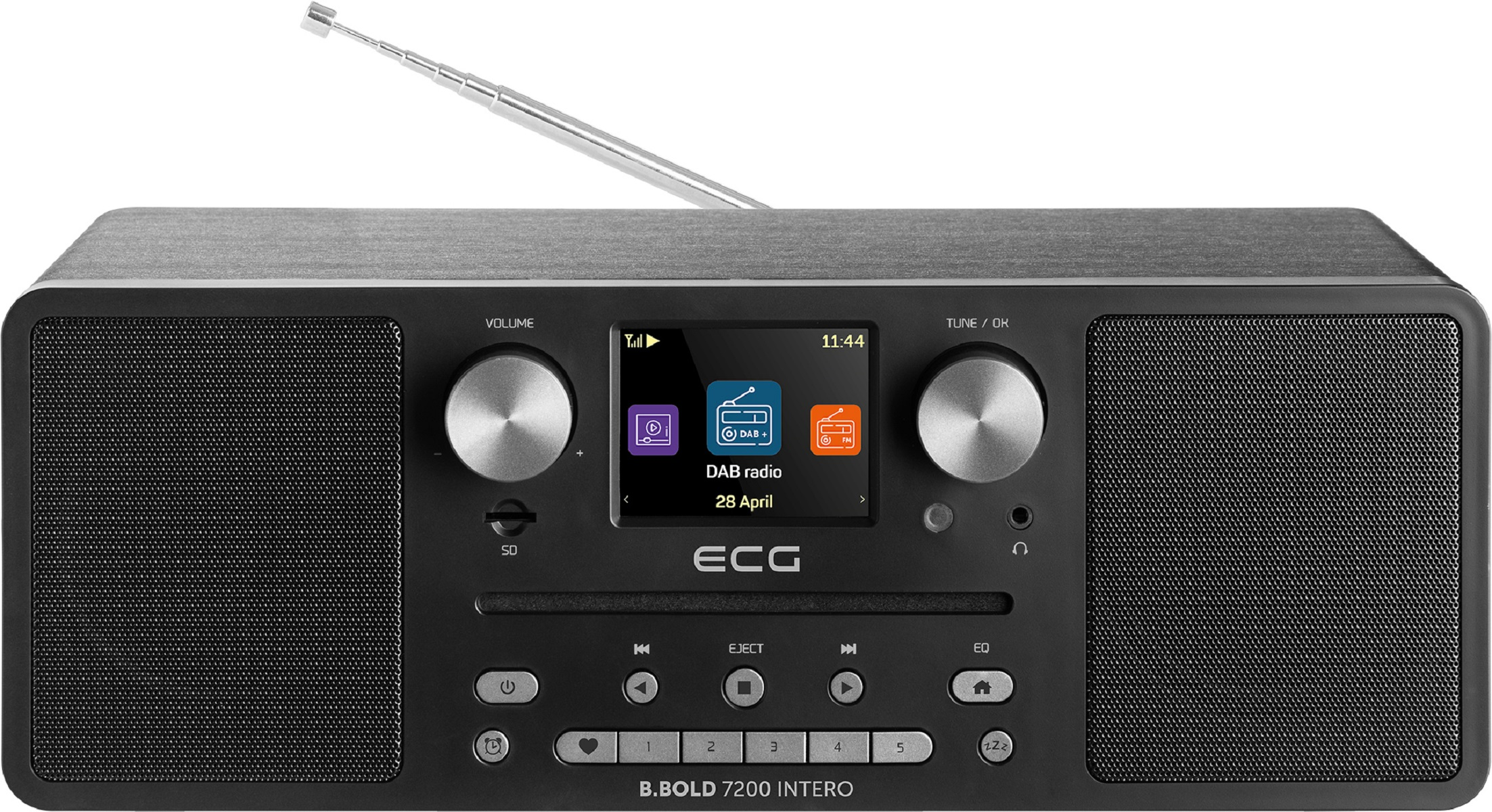 Radio digitale nera con schermo, pulsanti e antenna. Il marchio è ECG.
