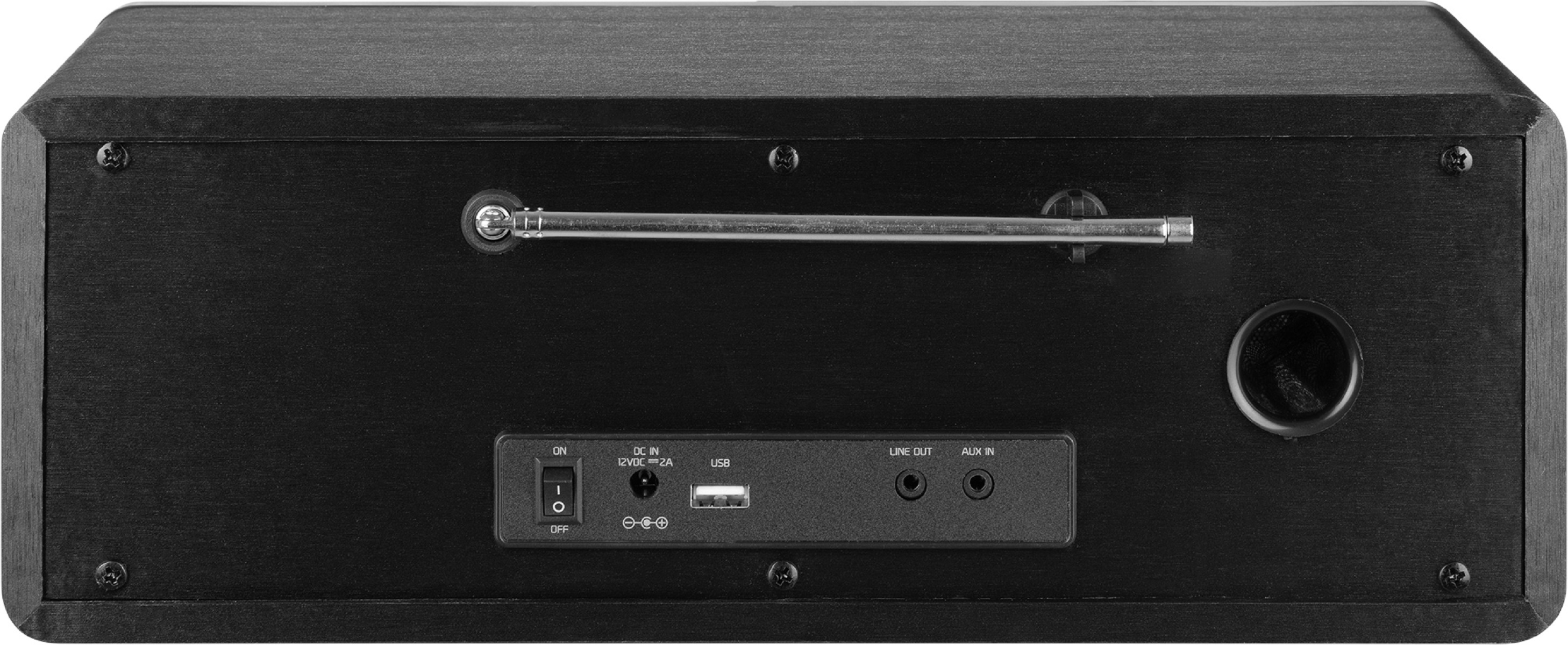 Radio in legno nero con pulsanti e porta USB. Ha un'antenna argentata.