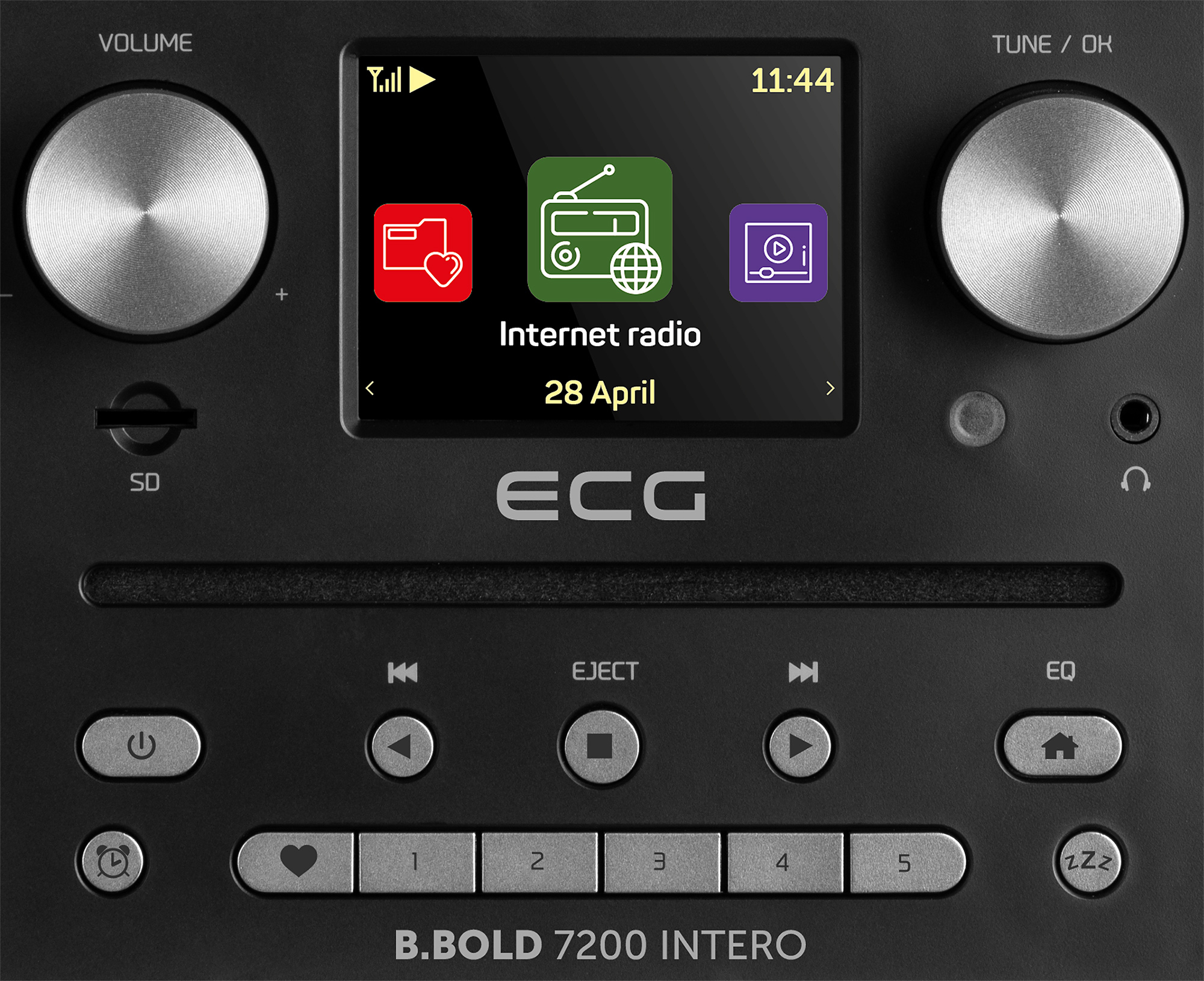 Radio nera con uno schermo che mostra l'ora, la radio Internet e le icone. Ha pulsanti e manopole.
