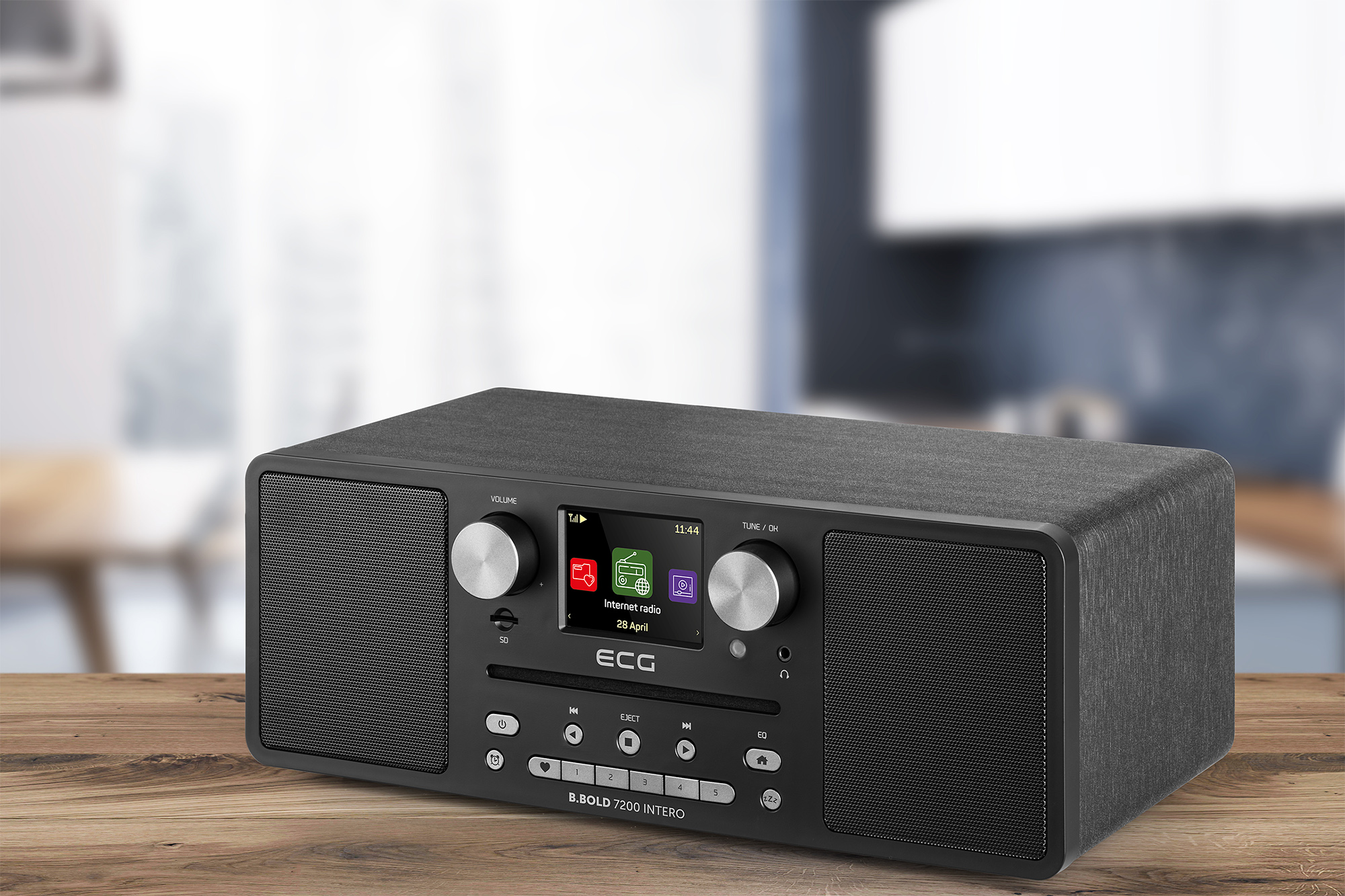Radio Internet nera e argento con piano in legno e display.