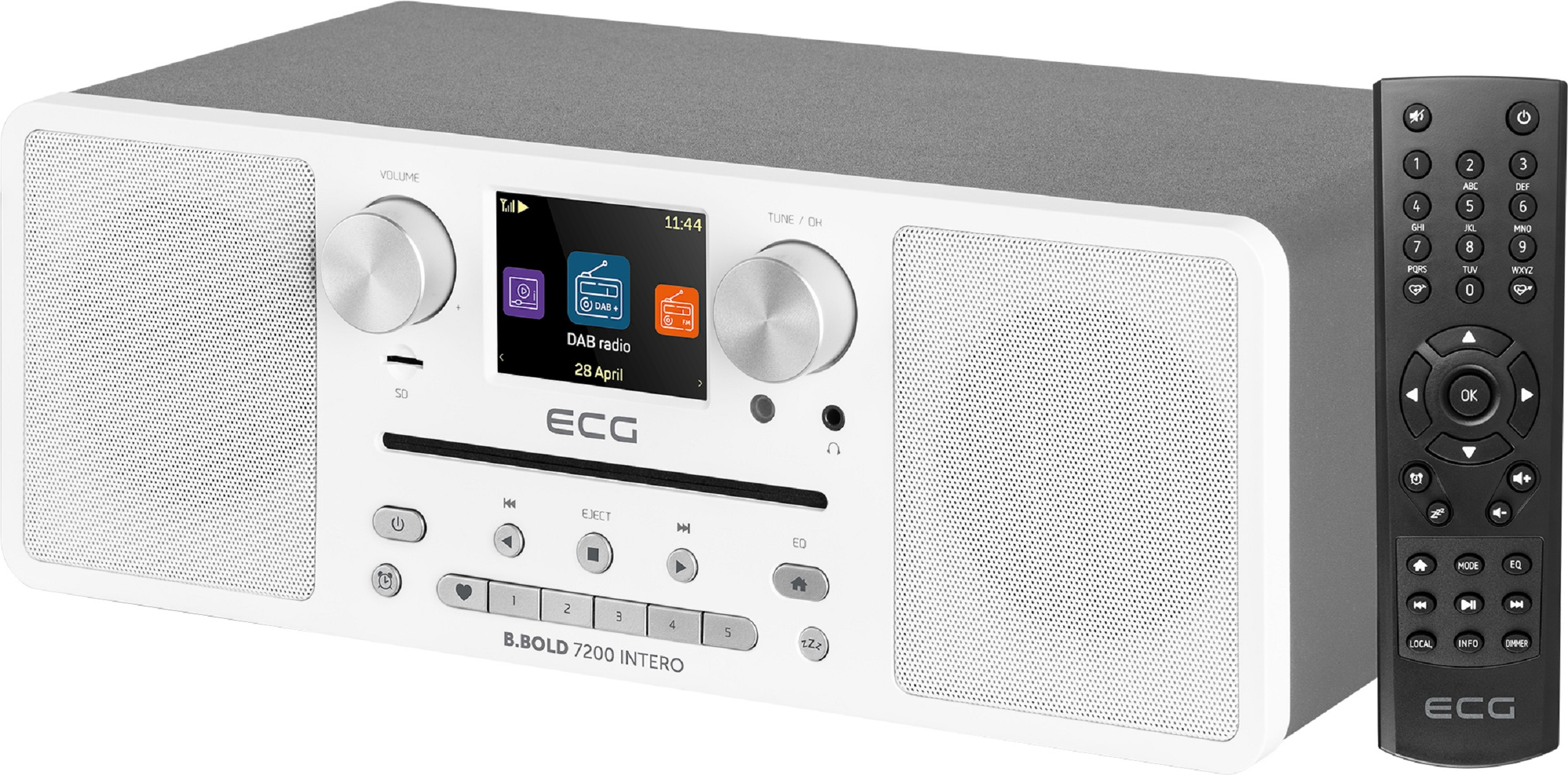 Radio bianca e grigia con un piccolo schermo e un telecomando.
