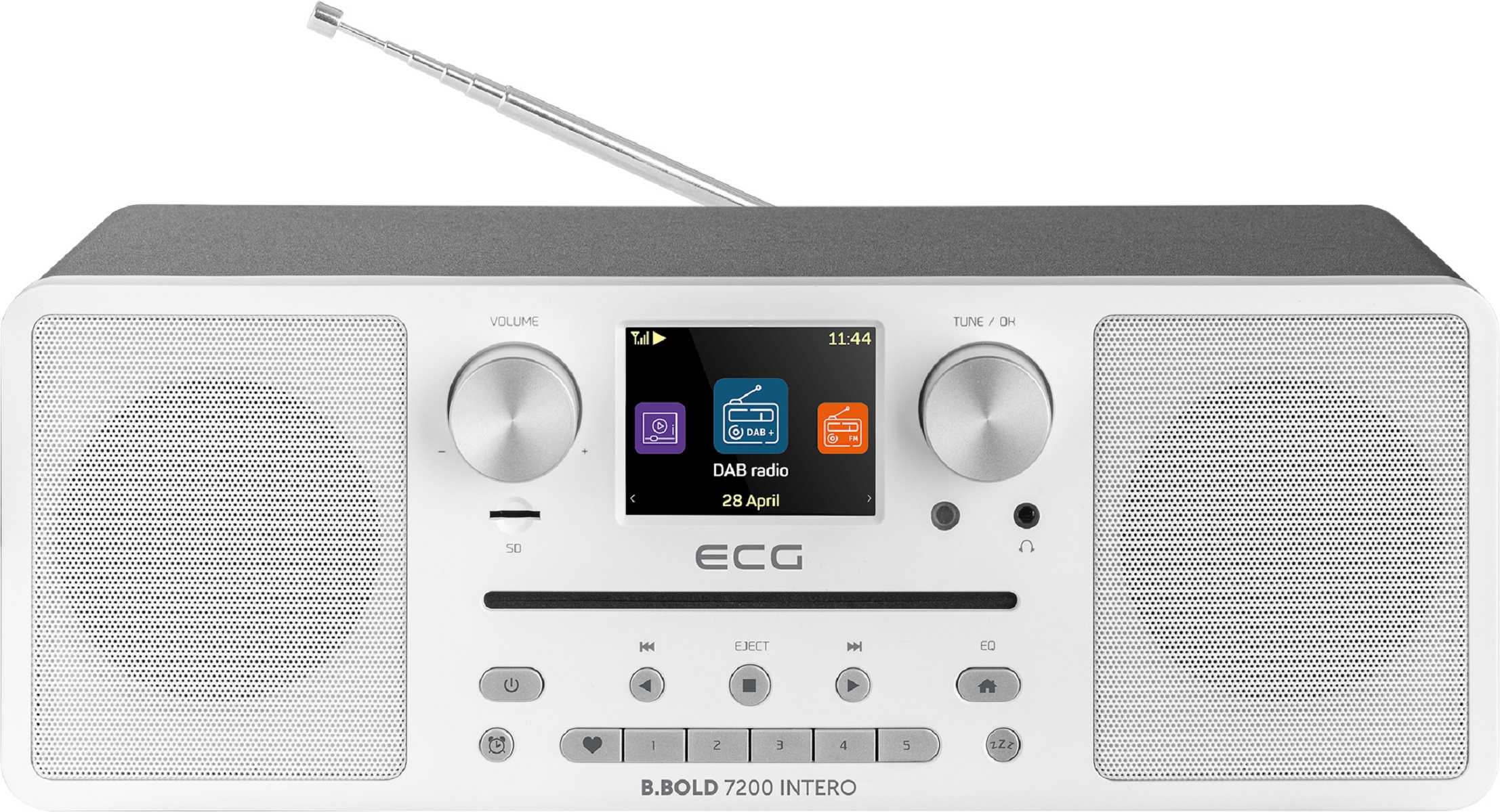 Una radio bianca con display digitale che mostra l'ora e le informazioni radio, con antenna e pulsanti argentati.