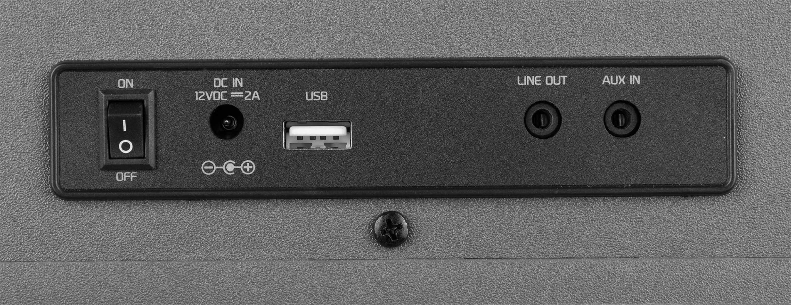 Primo piano del pannello posteriore di un altoparlante con interruttore on/off, USB, uscita linea e ingressi aux.