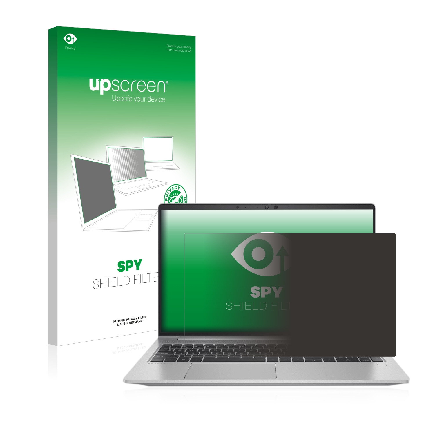 Laptop mit Sichtschutz. Produktbox links. Grün und Schwarz.