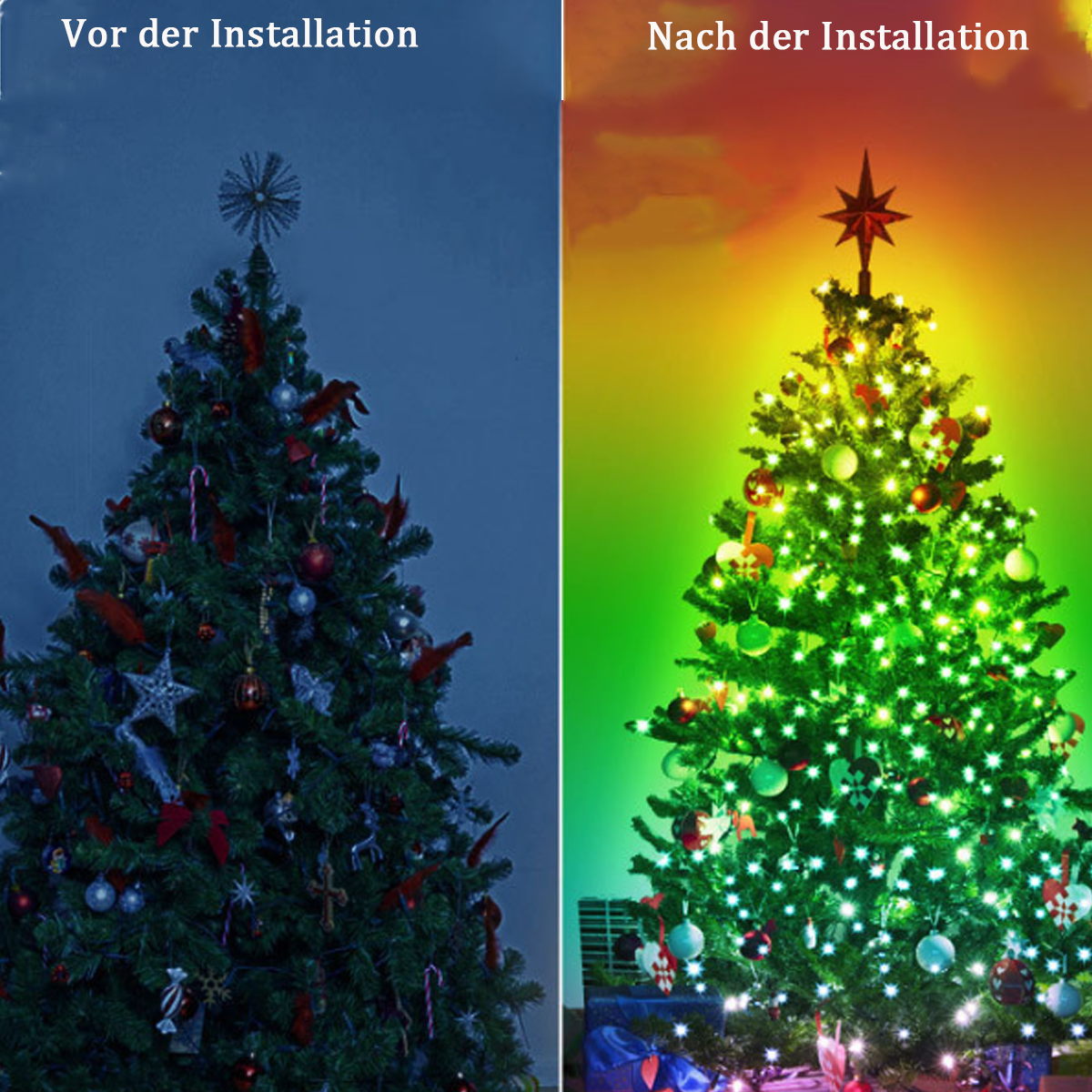 Ein Weihnachtsbaum vor und nach der Installation von Lichtern, von blau zu farbenfroh.