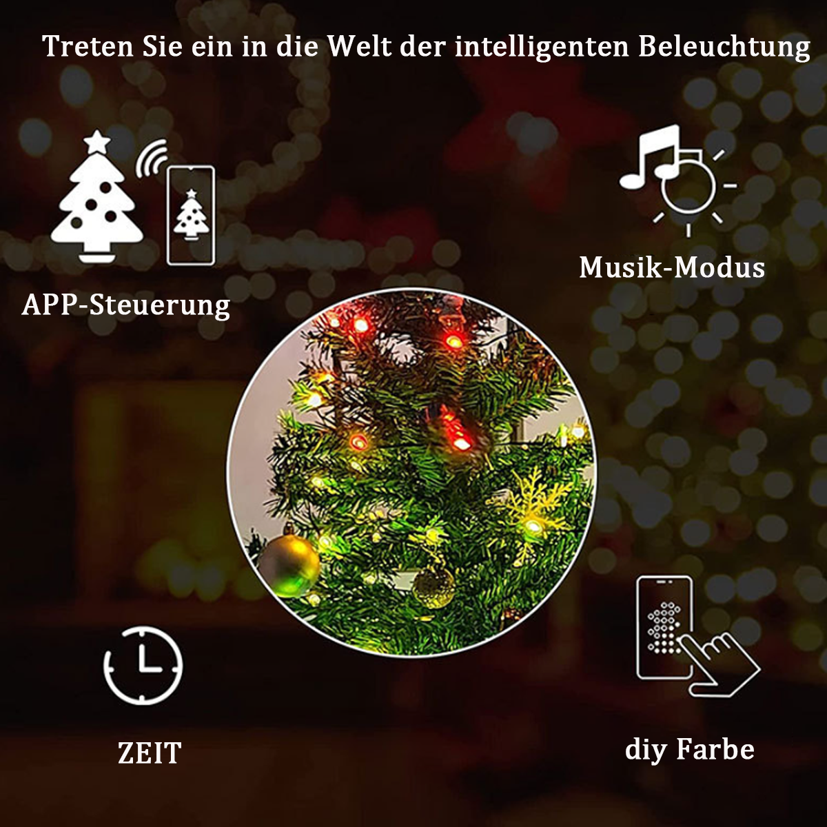 Weihnachtsbaum mit Lichtern, Ornamenten und Handy mit App-Steuerung.