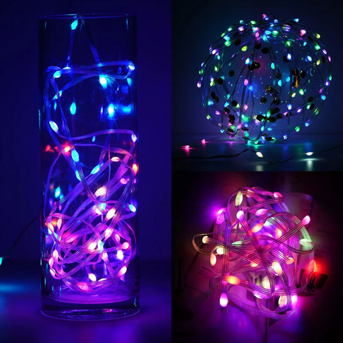 Drei Ansichten von bunten Lichterketten in dunkler Umgebung.