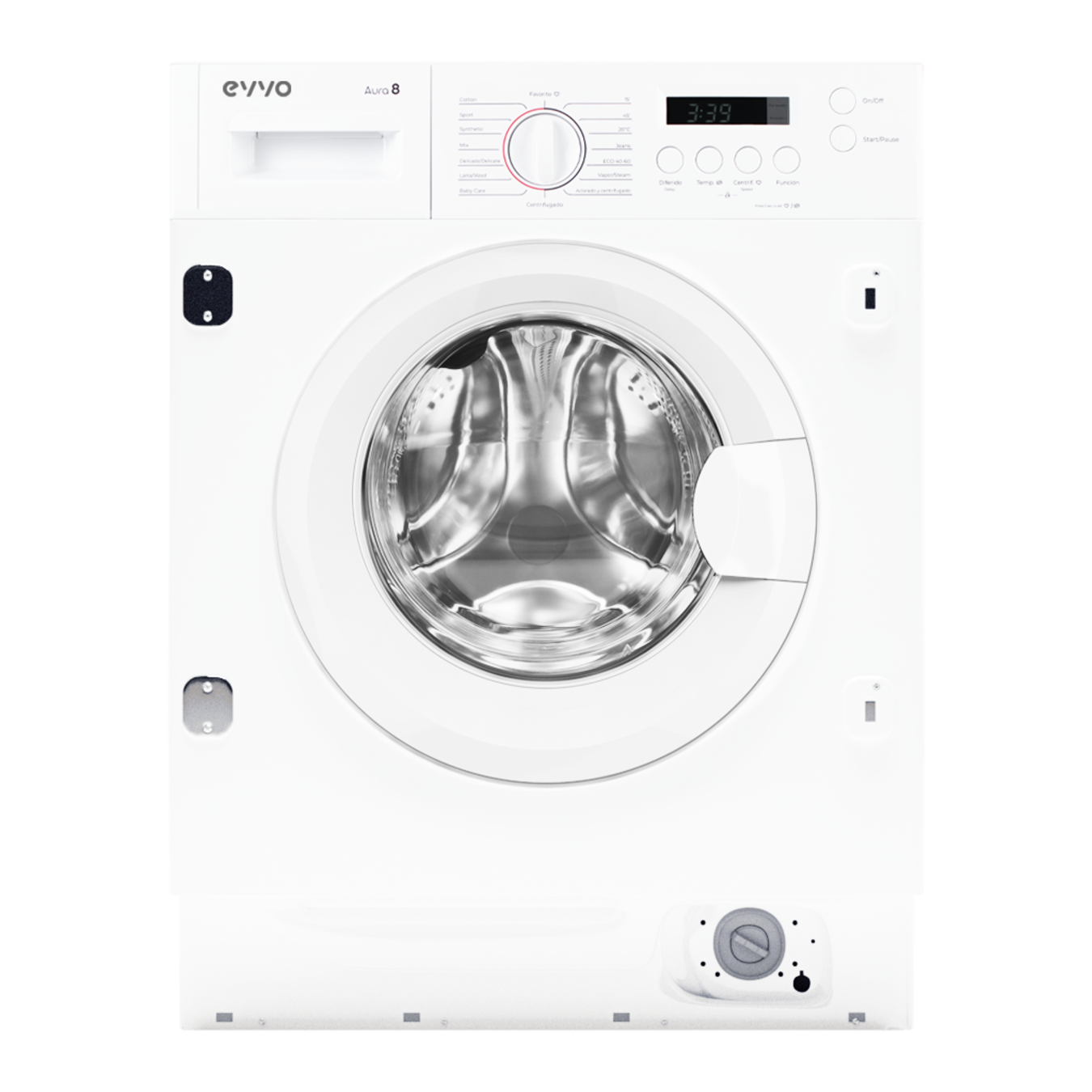 Una lavadora blanca con puerta circular y panel de control.