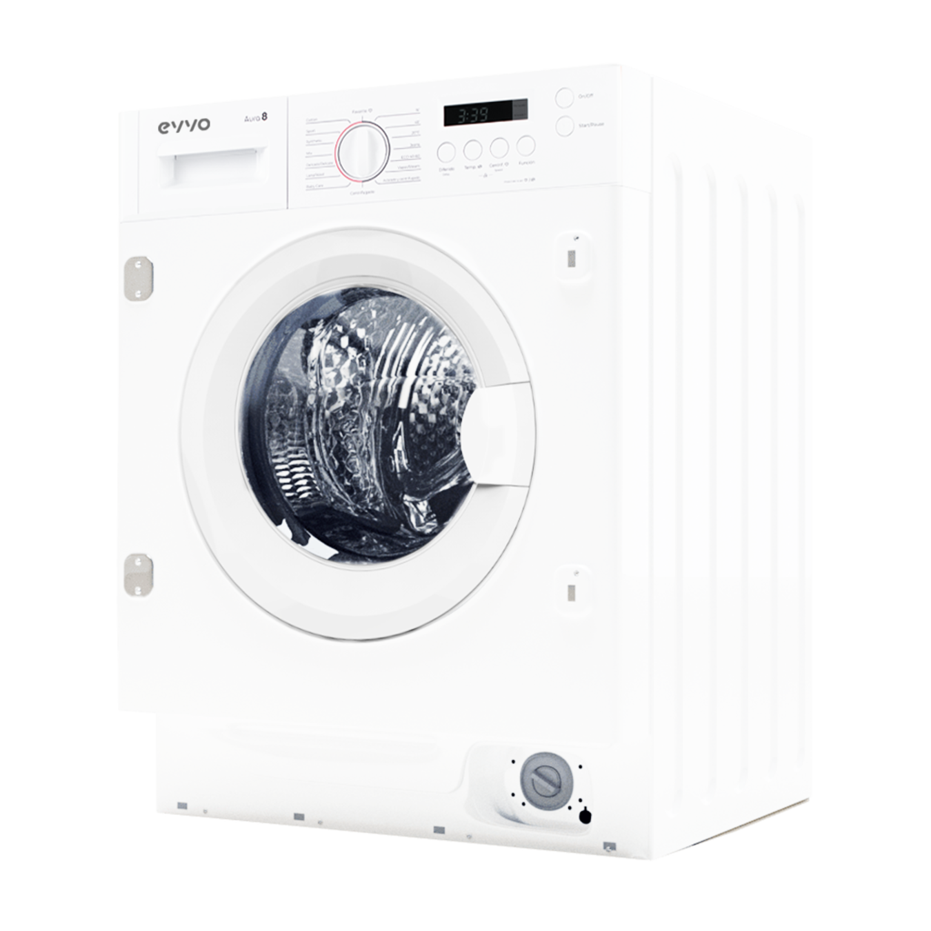 Lavadora blanca. Marca Evvo, diseño de carga frontal. Botones, pantalla, puerta.