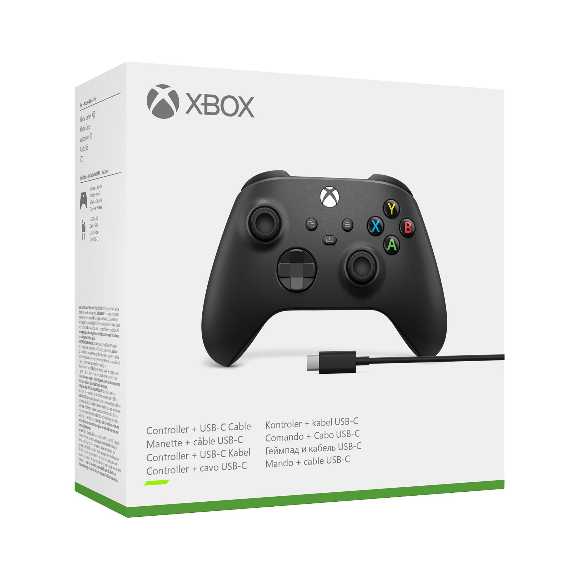 Xbox-Controller und eine Box. Die Box zeigt Controller und USB-Kabel.