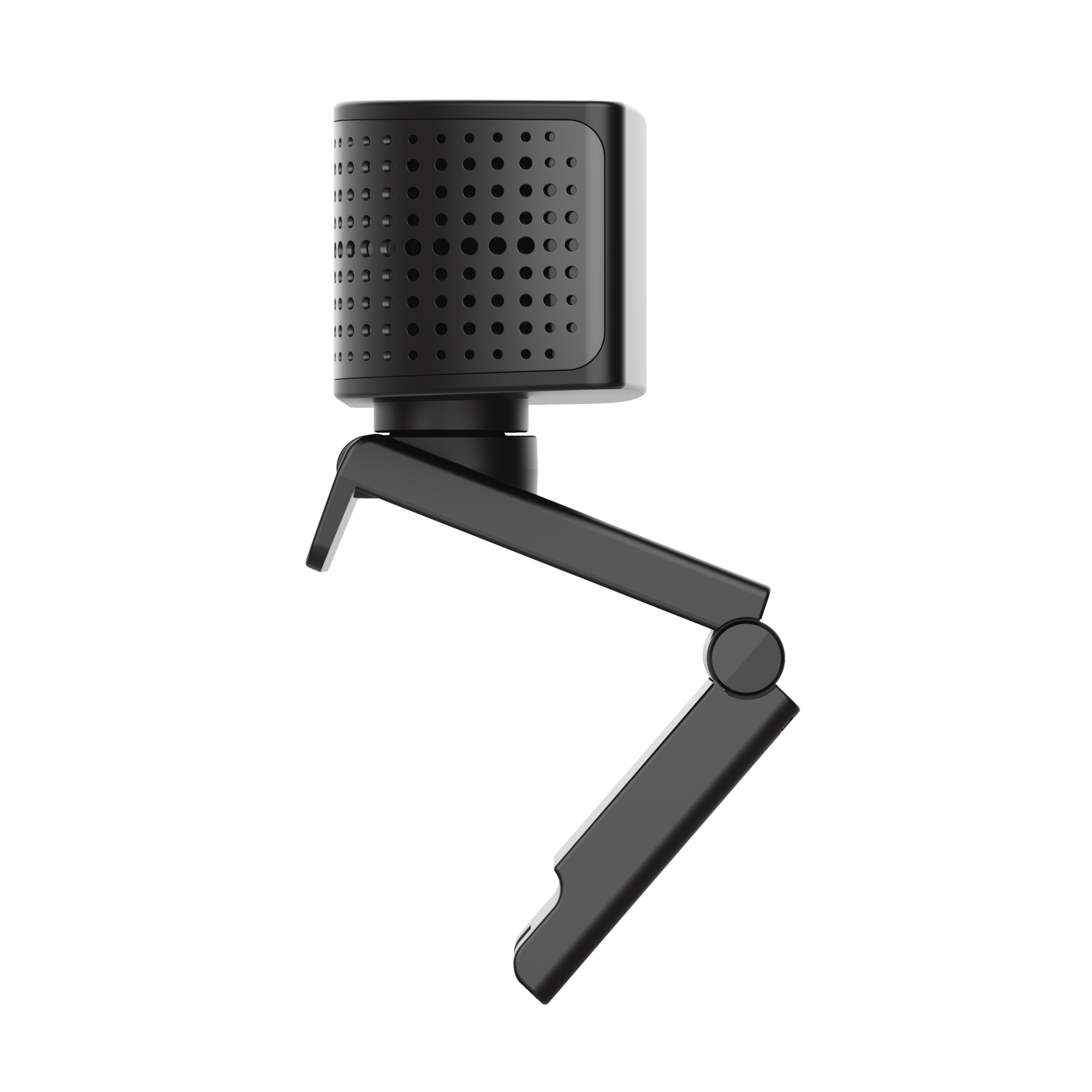 Czarna kamera internetowa z czarnym stojakiem, na czarnym tle.