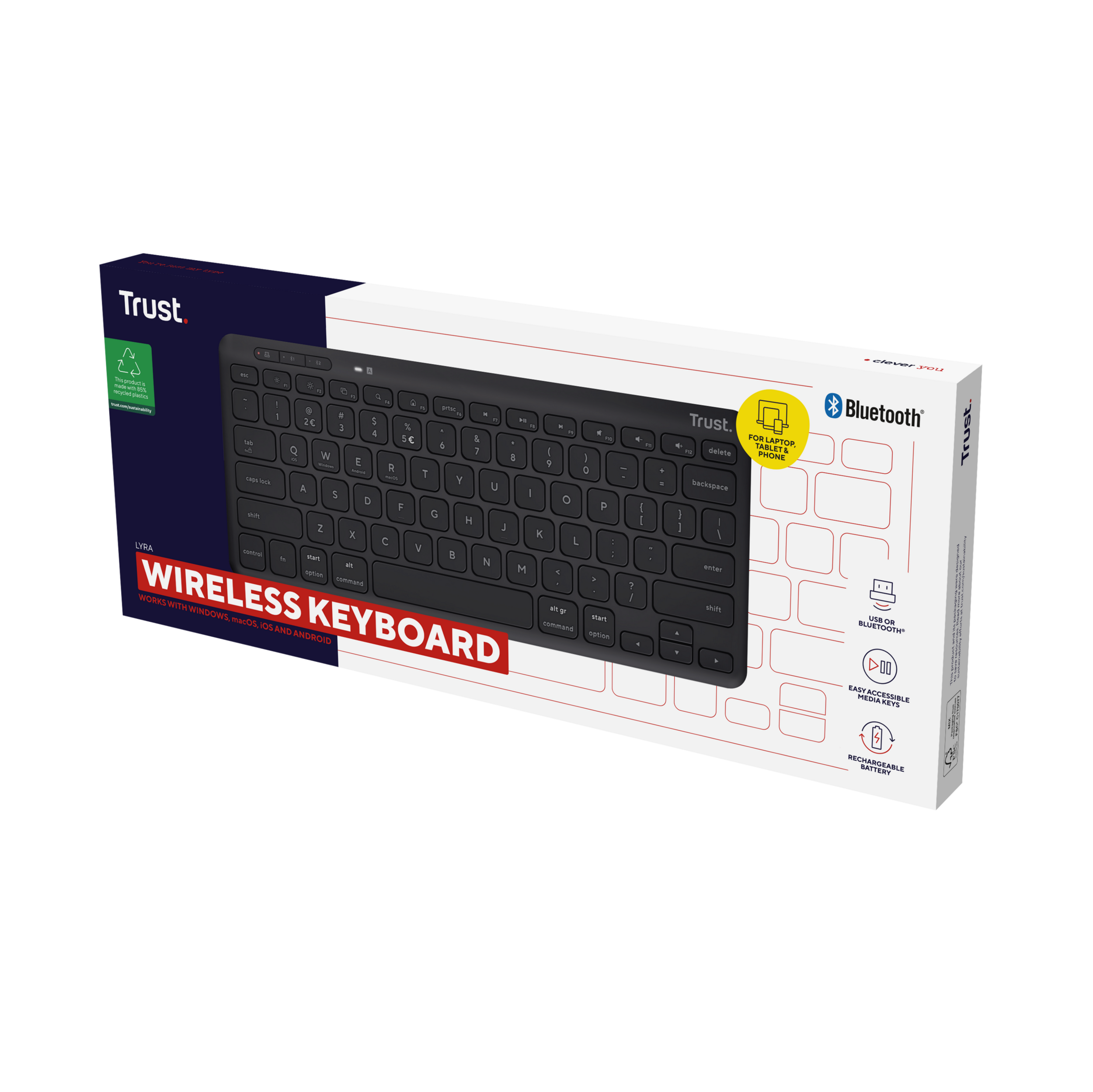 Czarne bezprzewodowe pudełko z klawiaturą ze szczegółami produktu i logo Bluetooth.