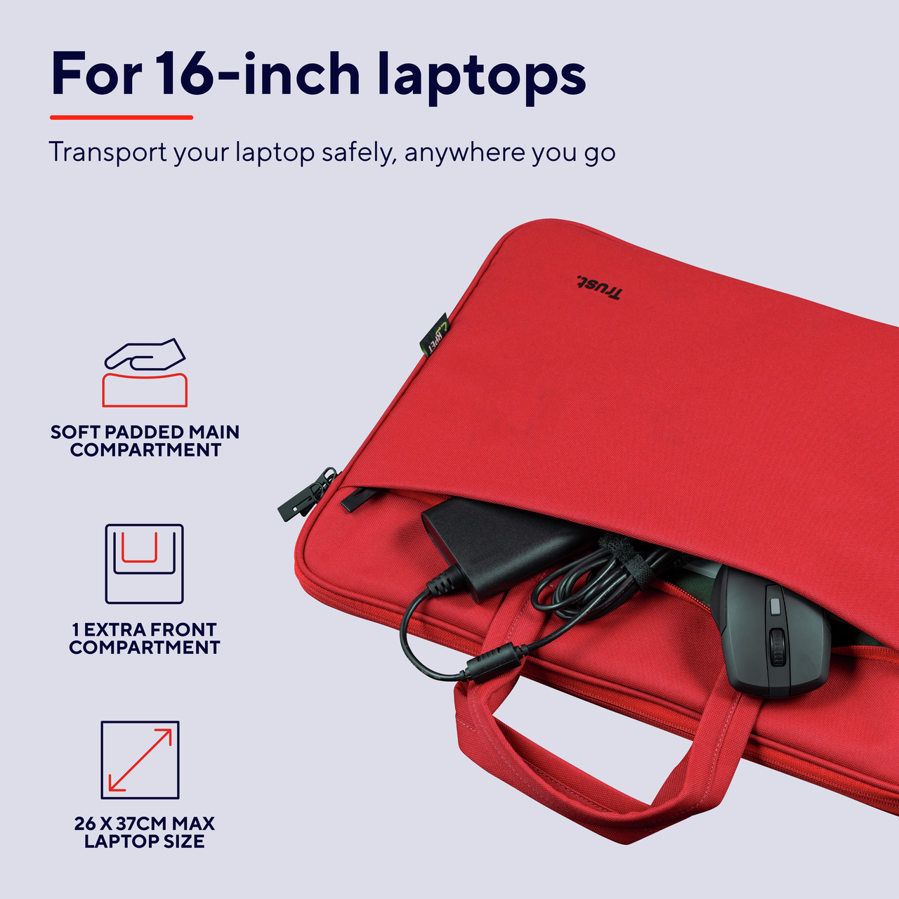 Borsa rossa per laptop con testo e icone, che mostra un laptop, caricatore e mouse.