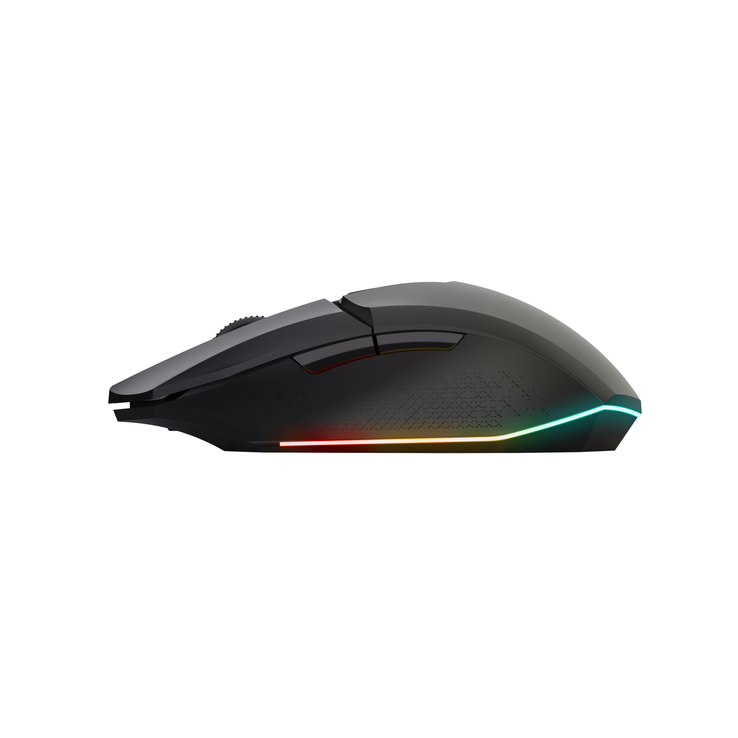 Souris de jeu noire avec une bande lumineuse rouge et verte en bas. Isolé sur fond noir.