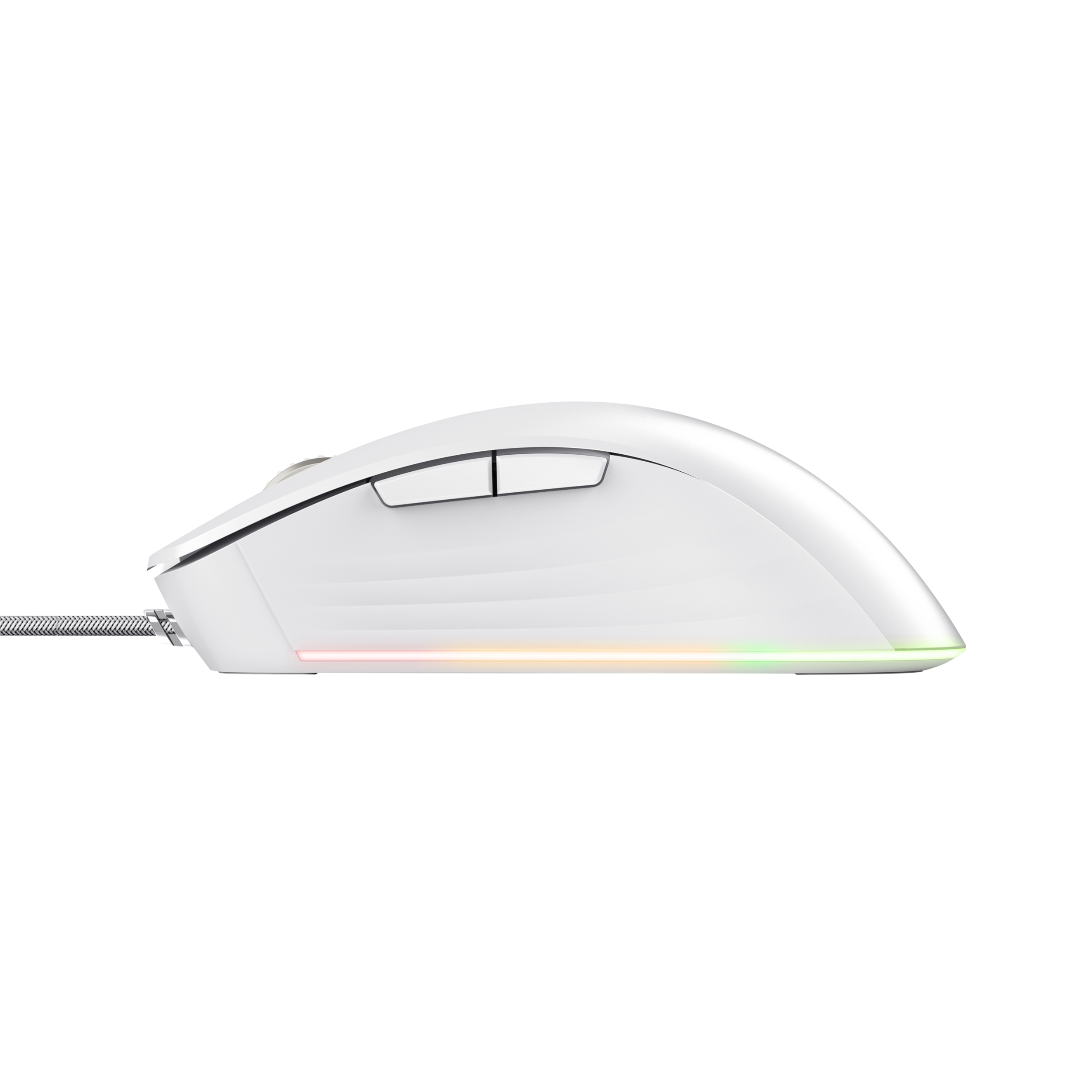 Weiße Computermaus mit zwei Tasten. Sie hat ein Kabel und Seitenbeleuchtung.