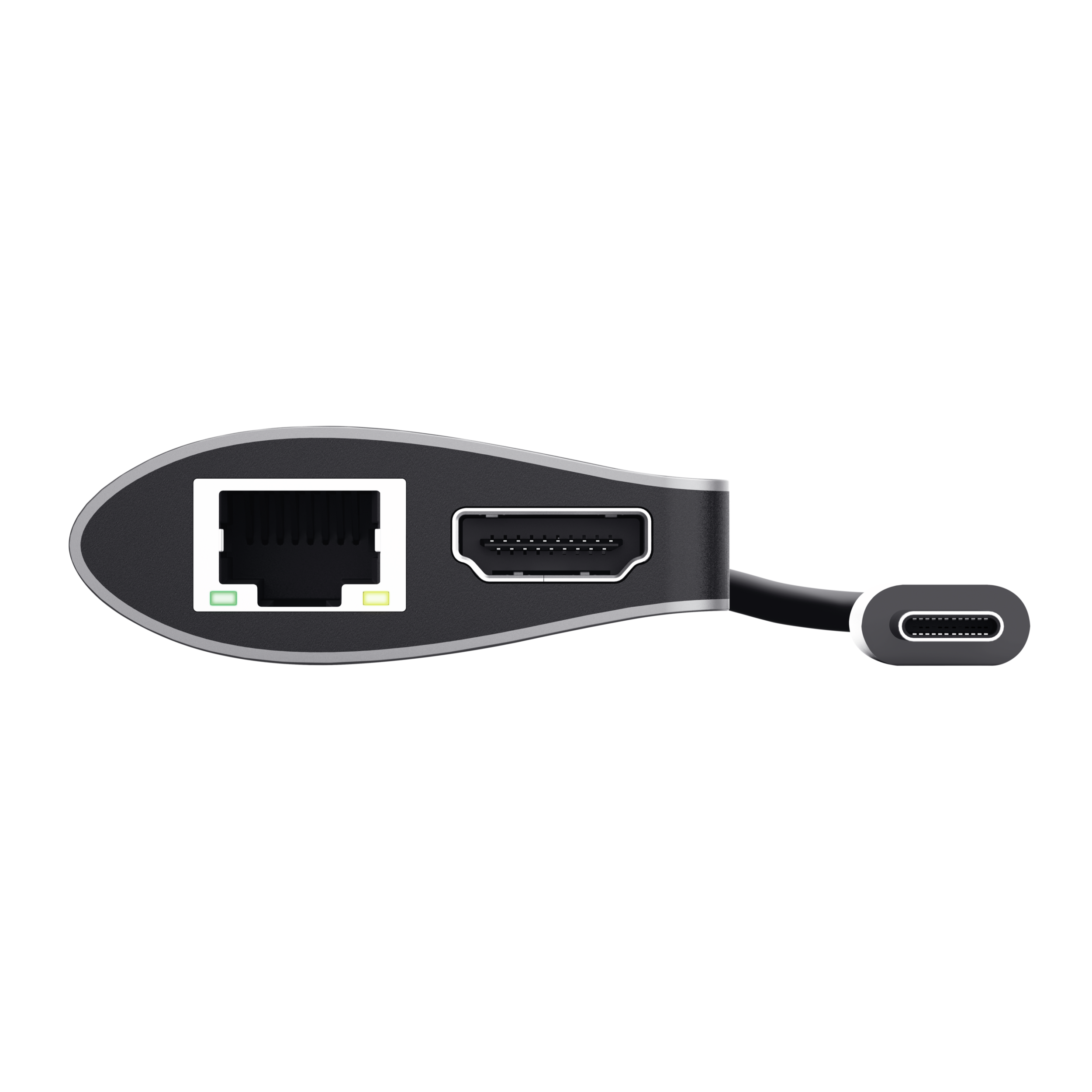 Schwarzer Adapter mit Ethernet-, HDMI- und USB-C-Anschlüssen. Der Adapter befindet sich auf schwarzem Hintergrund.