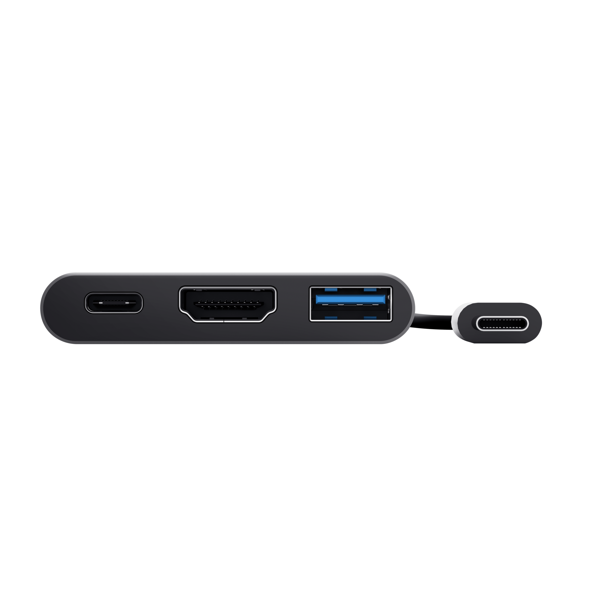 Schwarzer USB-C-Hub mit Anschlüssen für USB, HDMI und USB-C-Stromanschluss, vor schwarzem Hintergrund.