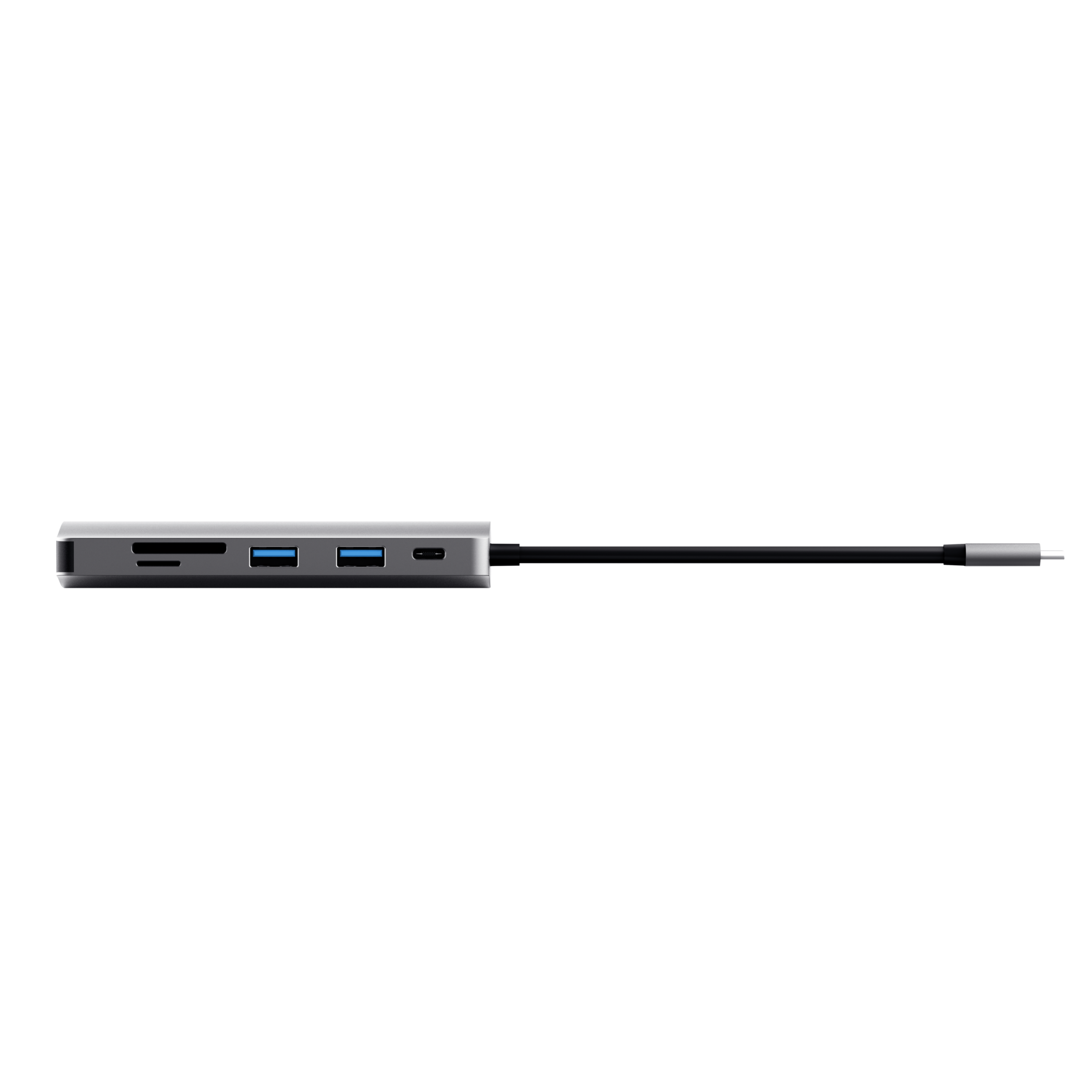 Silberner USB-C-Hub mit mehreren Anschlüssen. Er befindet sich auf schwarzem Hintergrund.