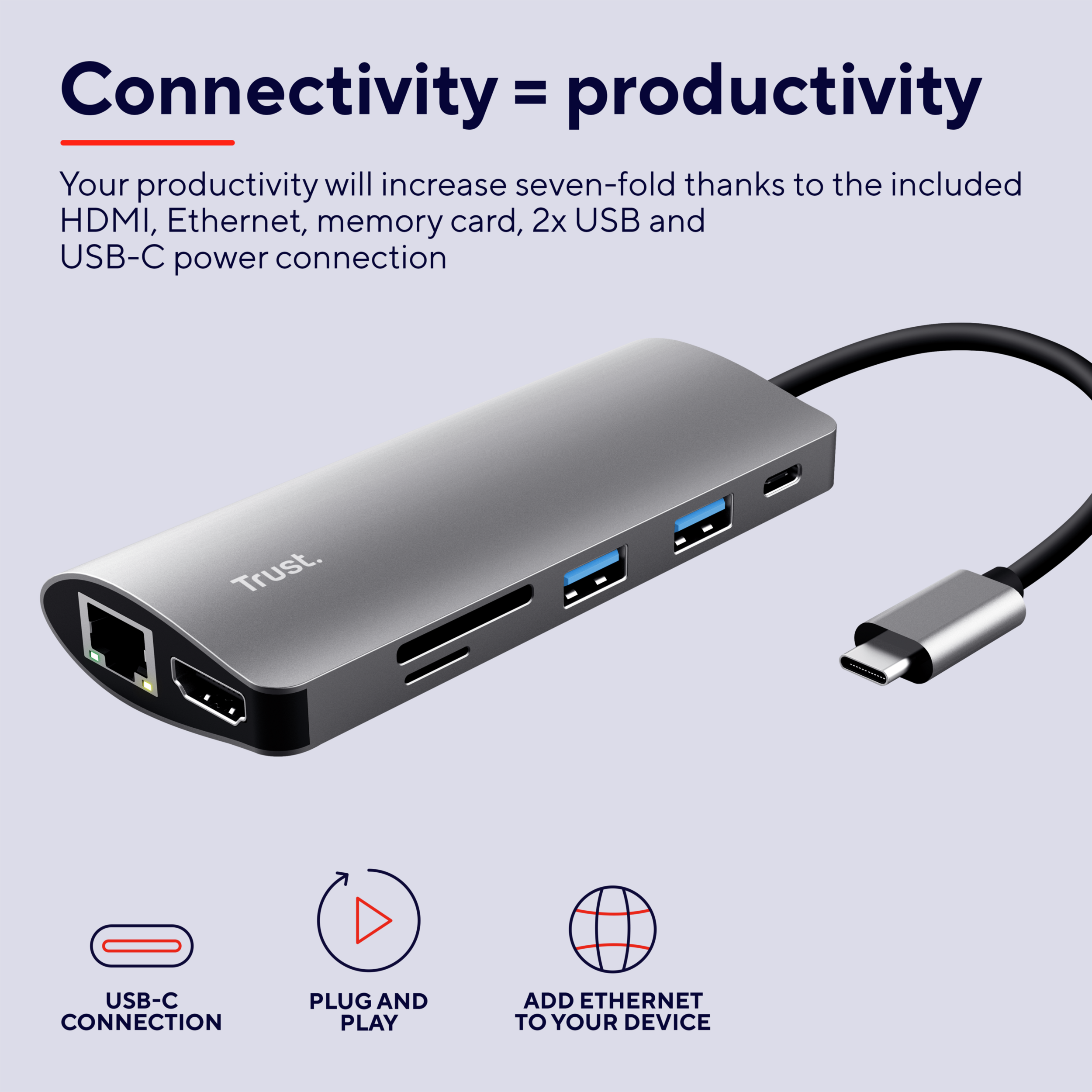 Silberner Trust-Hub mit Anschlüssen. Text: Konnektivität = Produktivität. Enthält HDMI, USB, Ethernet.