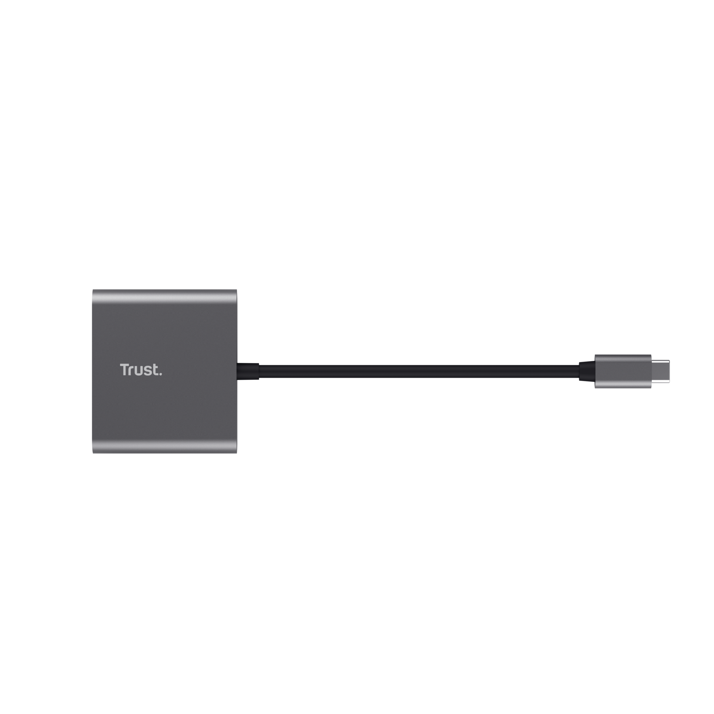 Ein grauer USB-C-Adapter mit schwarzem Kabel und dem Wort „Trust“ darauf.