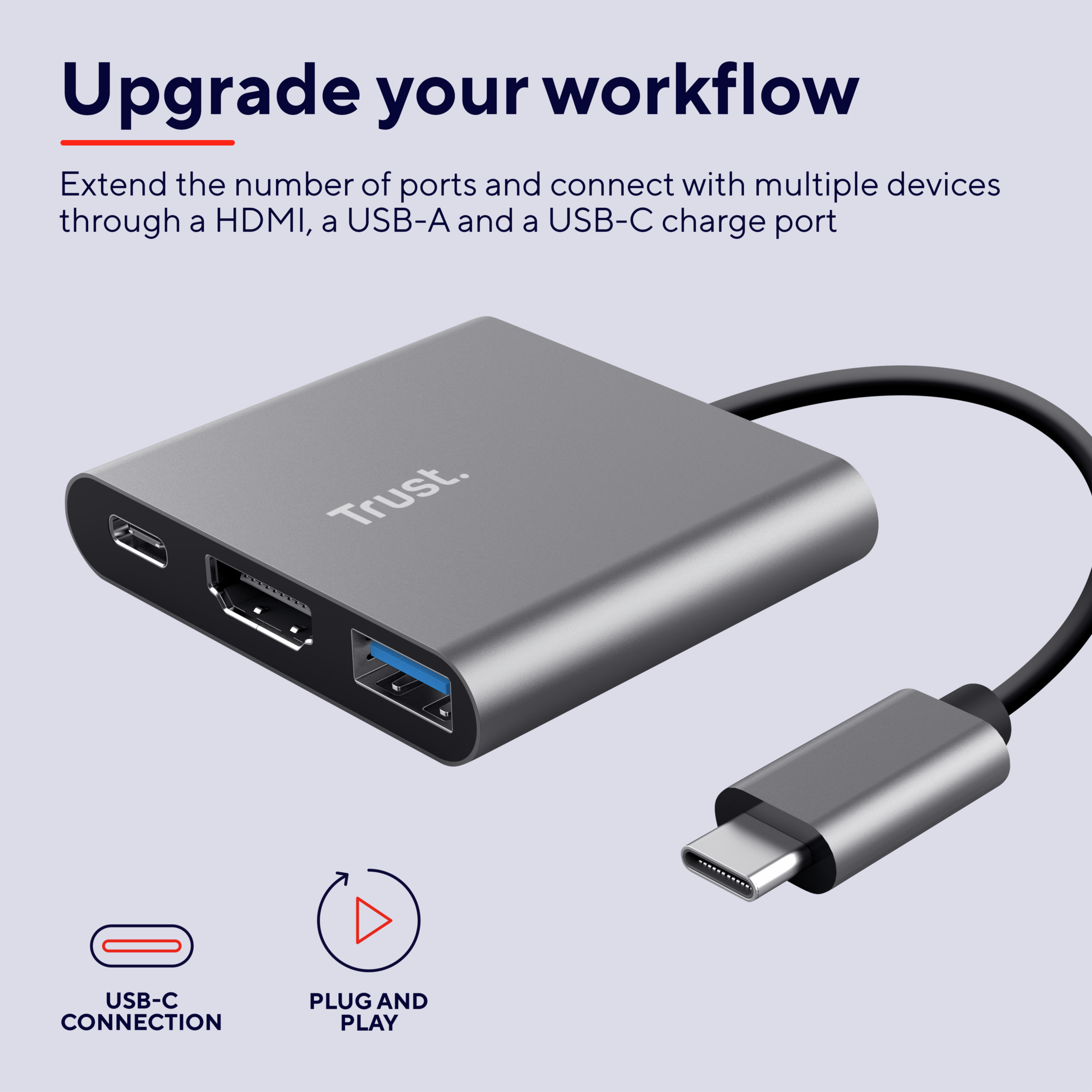 Silberner Adapter mit HDMI, USB-A und USB-C Anschlüssen. Mit USB-C-Anschluss und Plug & Play Symbolen.