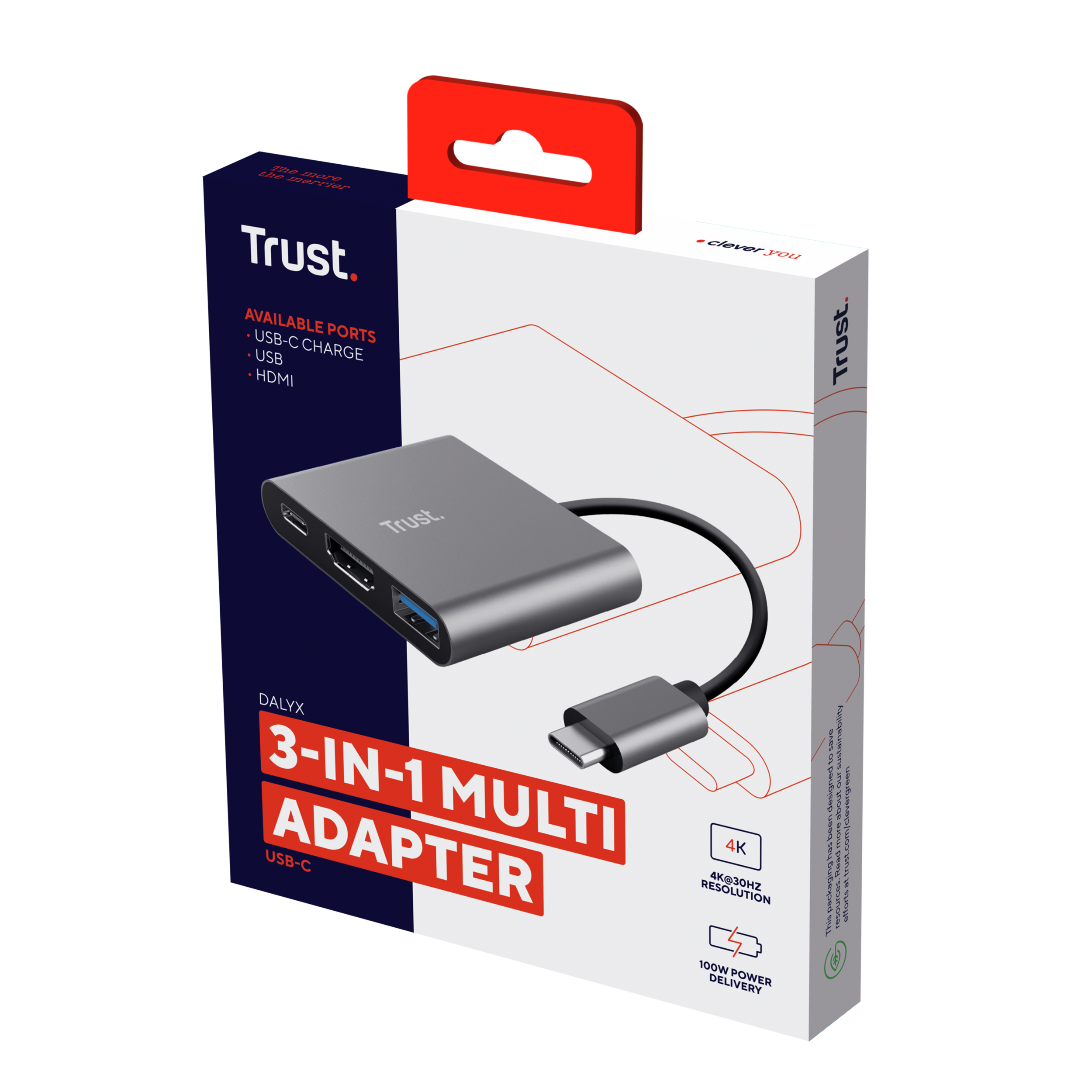 Eine 3-in-1 Multi-Adapter-Box mit USB-C-, USB- und HDMI-Anschlüssen. Es ist in einer weiß-roten Box.