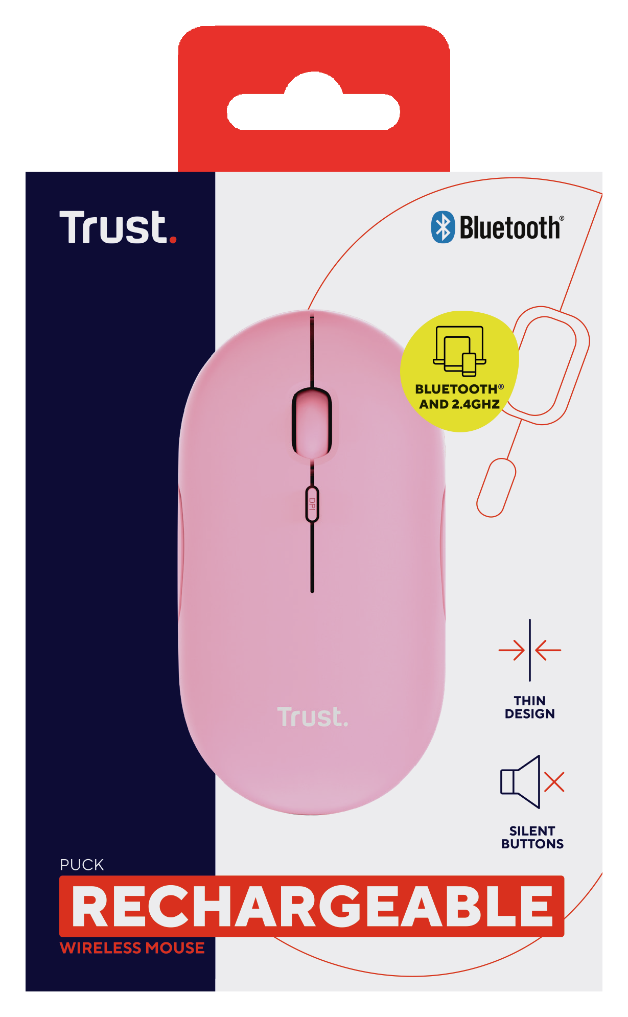 Roze draadloze muis in verpakking met details over Bluetooth en een slank ontwerp.