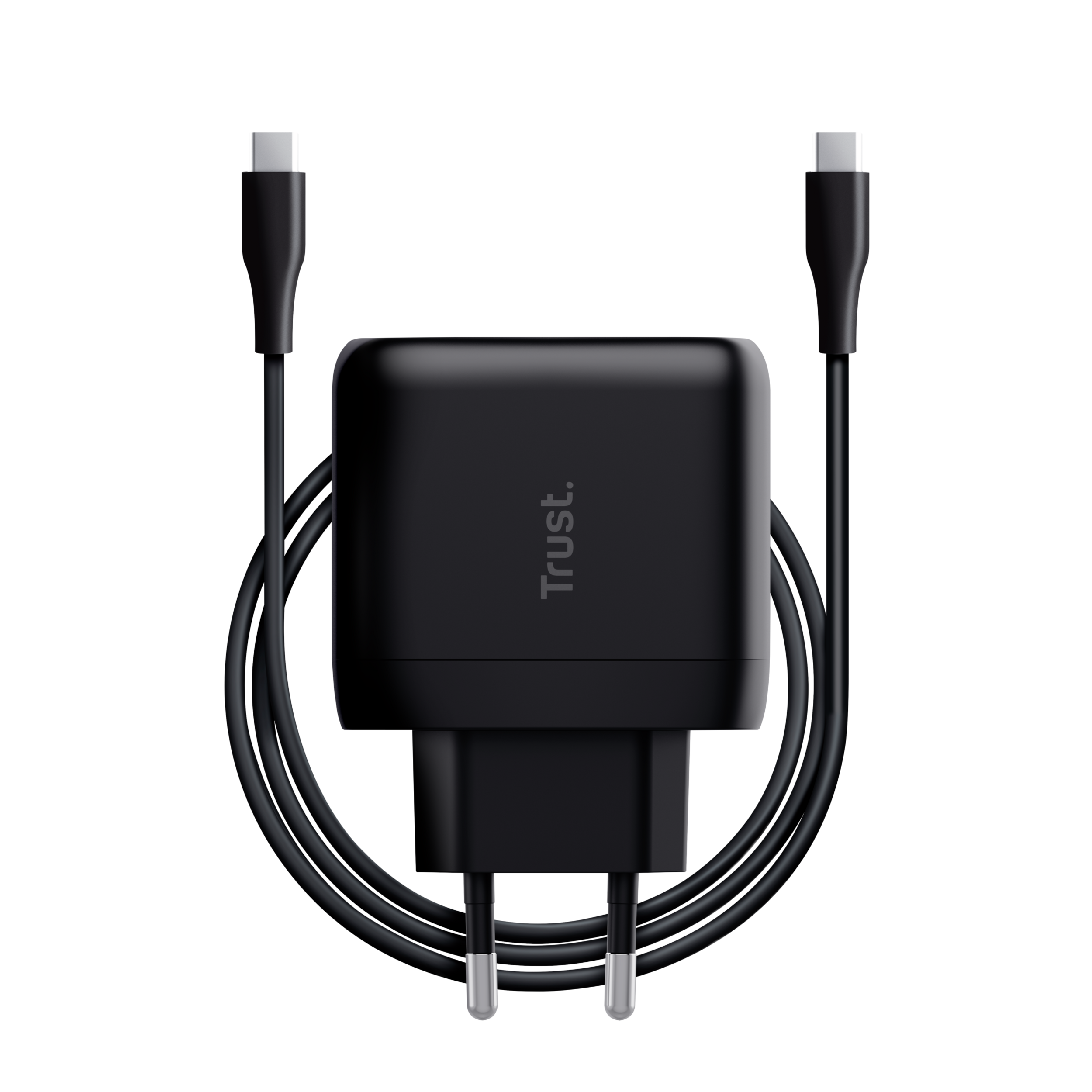 Schwarzes Ladegerät mit USB-C-Kabeln auf schwarzem Hintergrund. Markenname Trust sichtbar.