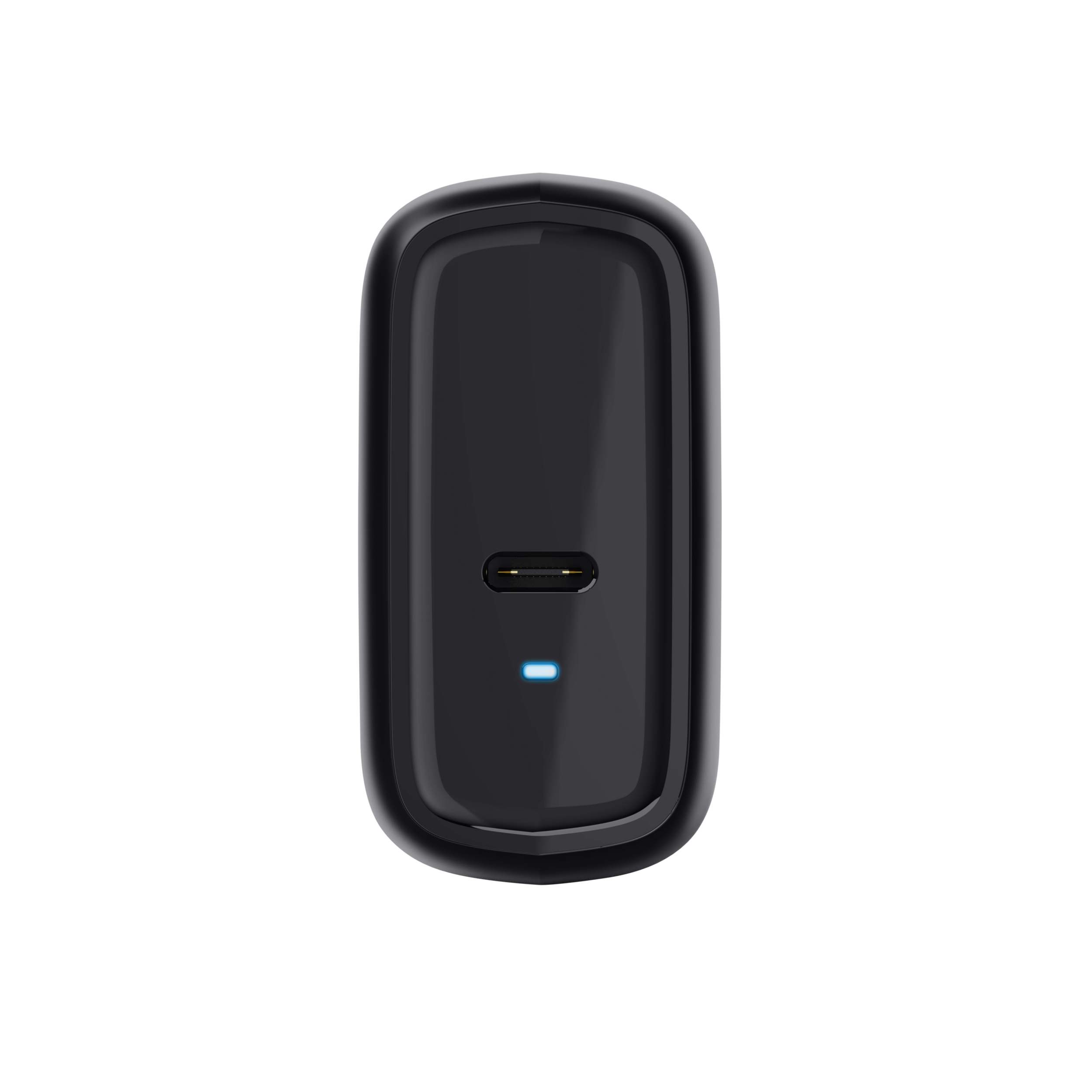 Schwarzes USB-C-Ladegerät, ein blaues Licht leuchtet, schwarzer Hintergrund.