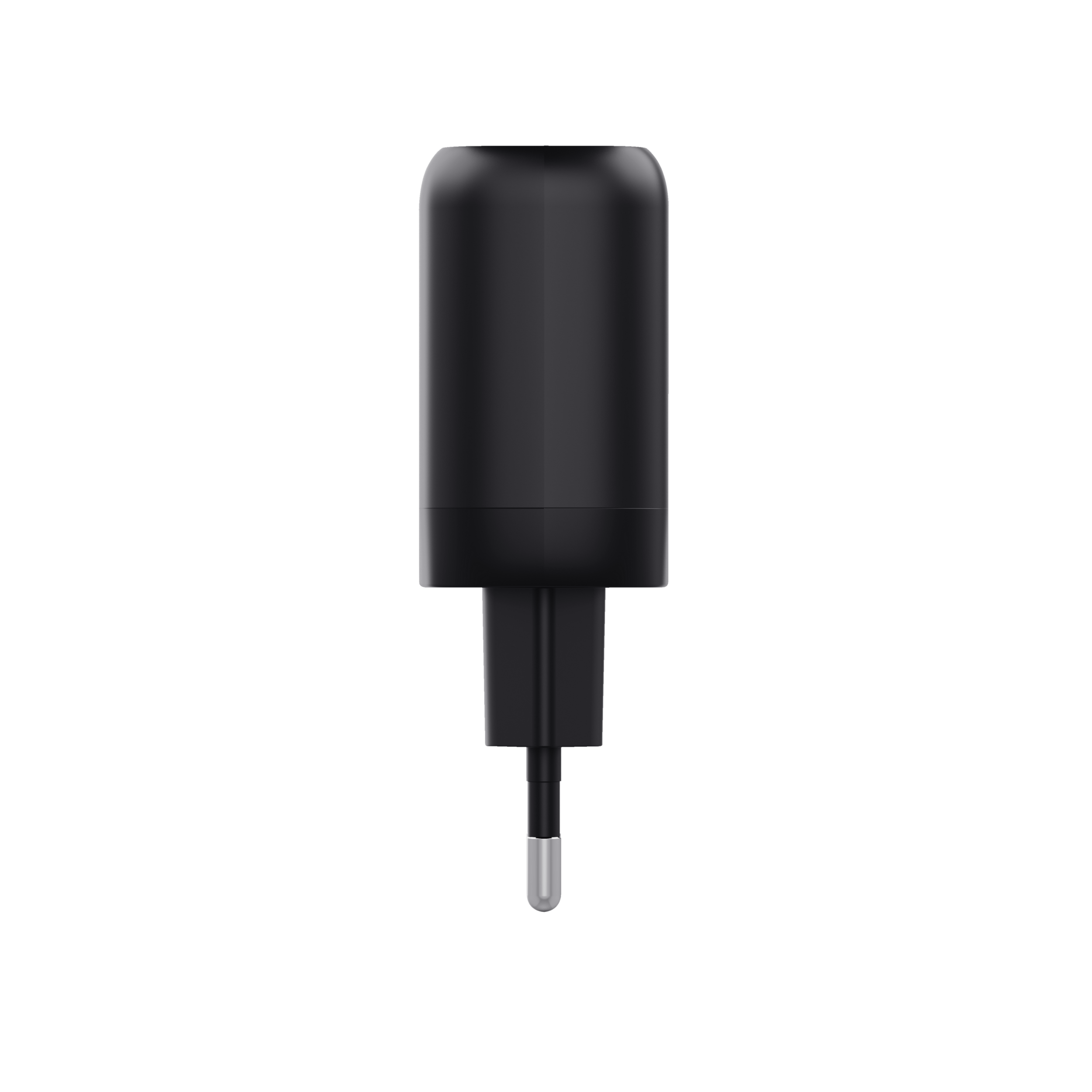 Schwarzes Wandladegerät mit Stecker und Ladeanschluss.