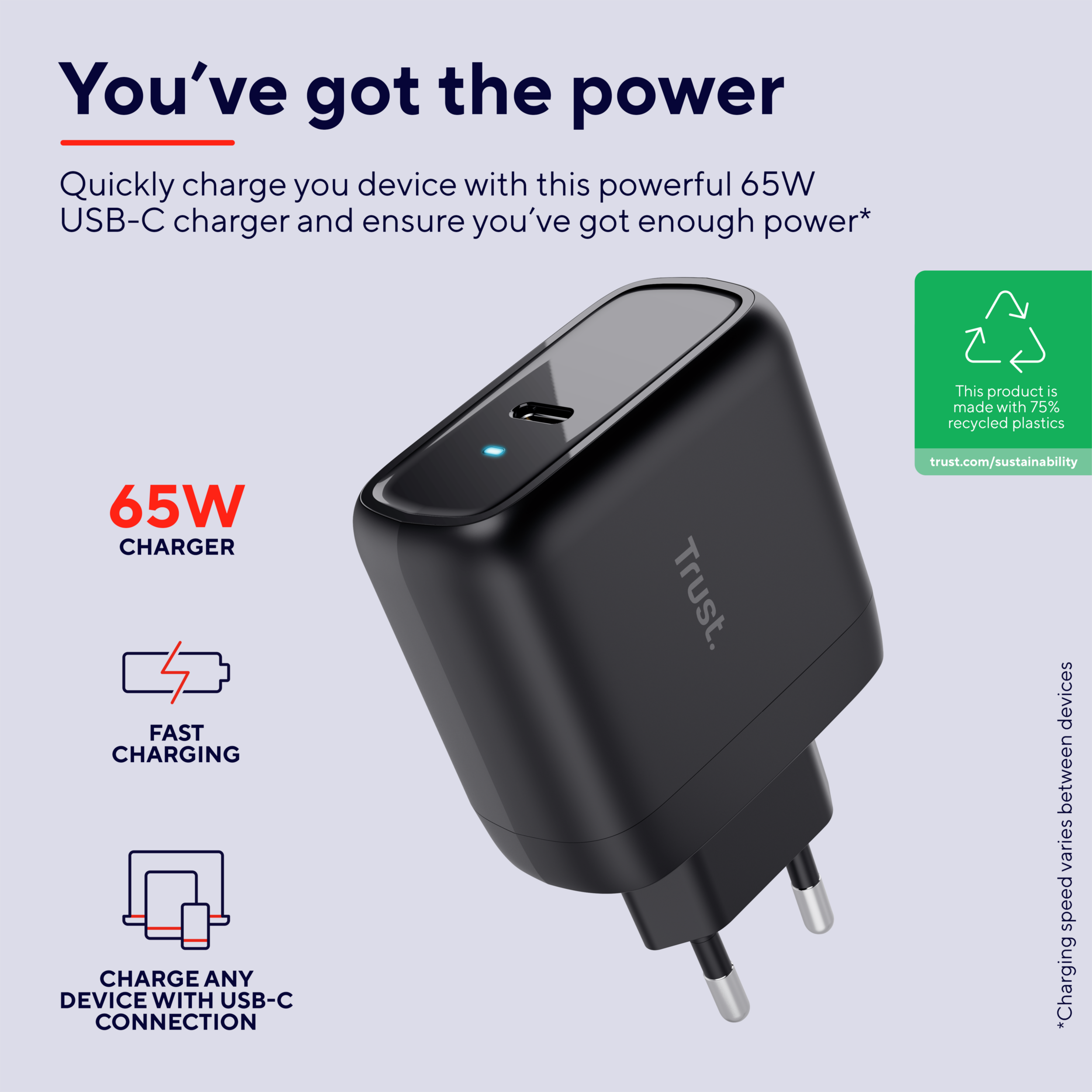 Schwarzes 65W USB-C-Ladegerät mit Symbolen und Text zum Schnellladen.