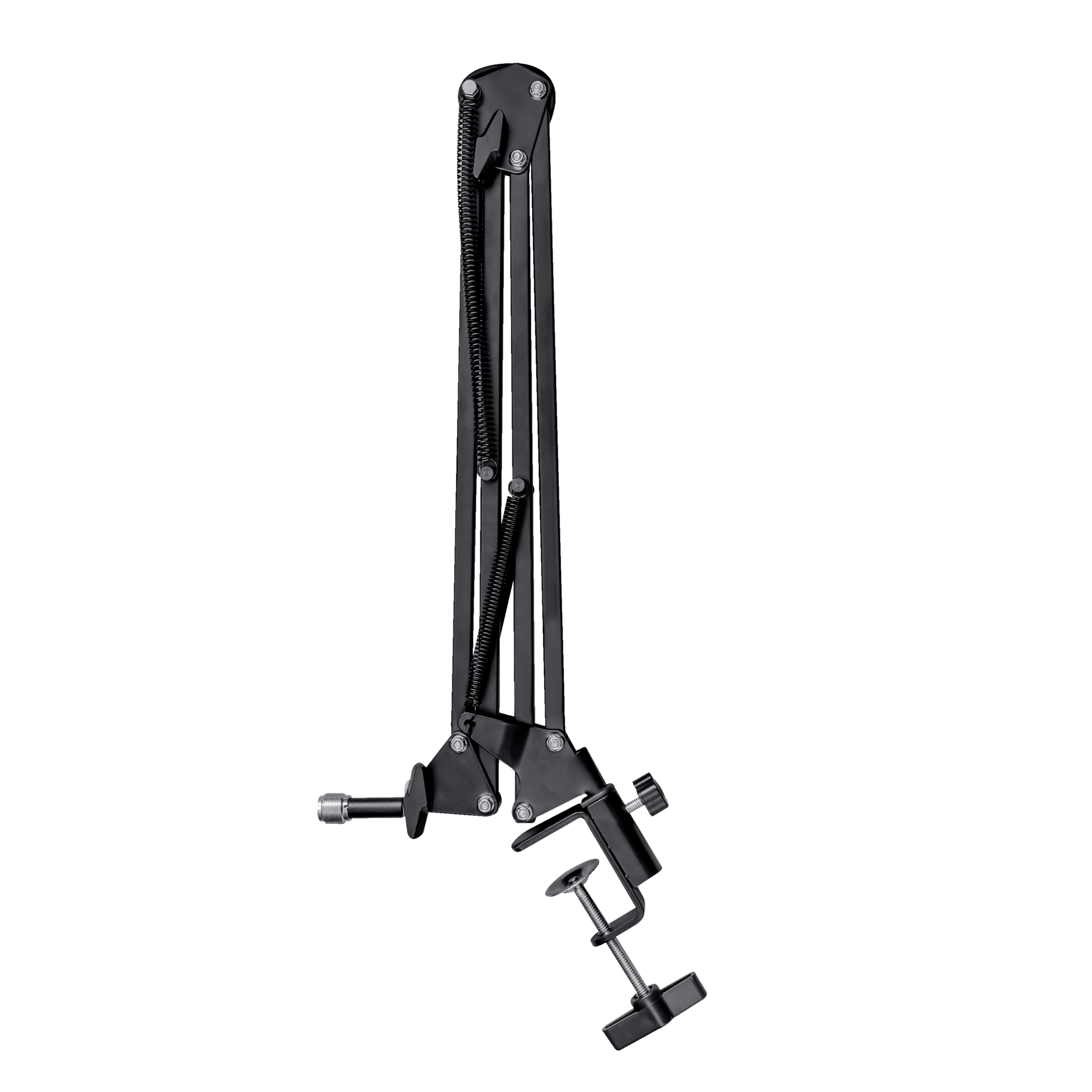 Ein schwarzer Mikrofonständer mit verstellbarem Arm auf schwarzem Hintergrund.