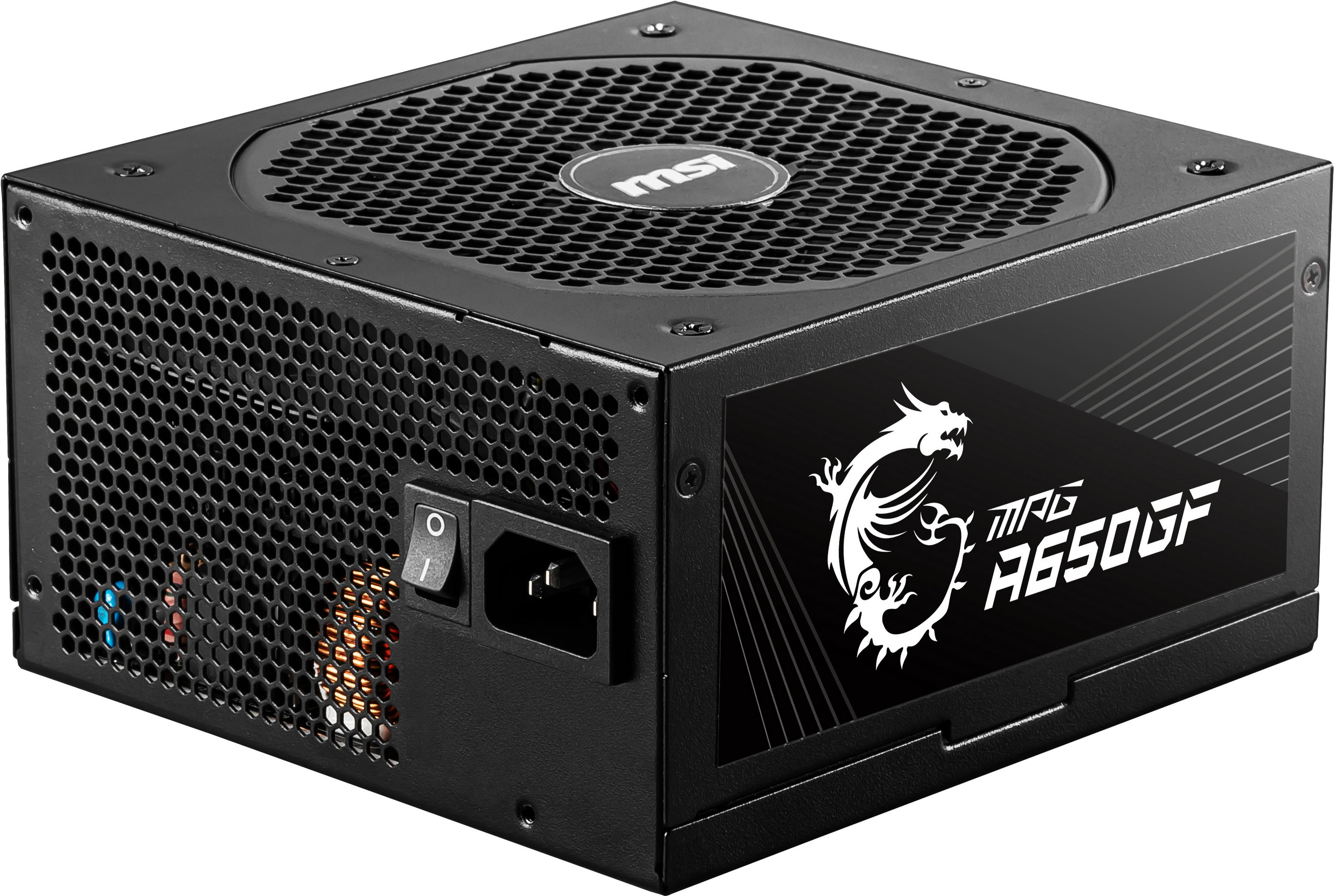 Un alimentatore nero con griglia della ventola e logo MSI. Con interruttore e grafica del drago.