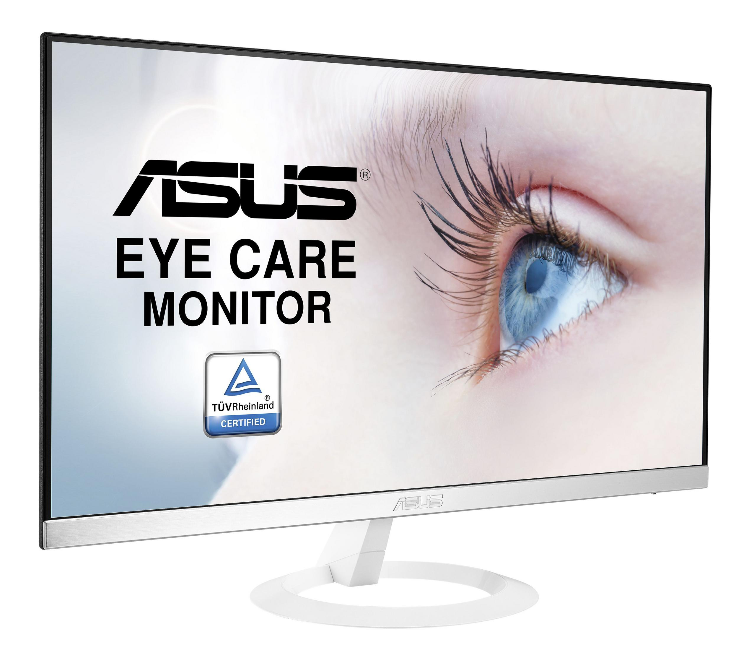 Un monitor ASUS Eye Care che mostra un primo piano di un occhio umano, il monitor è bianco con una base argentata.
