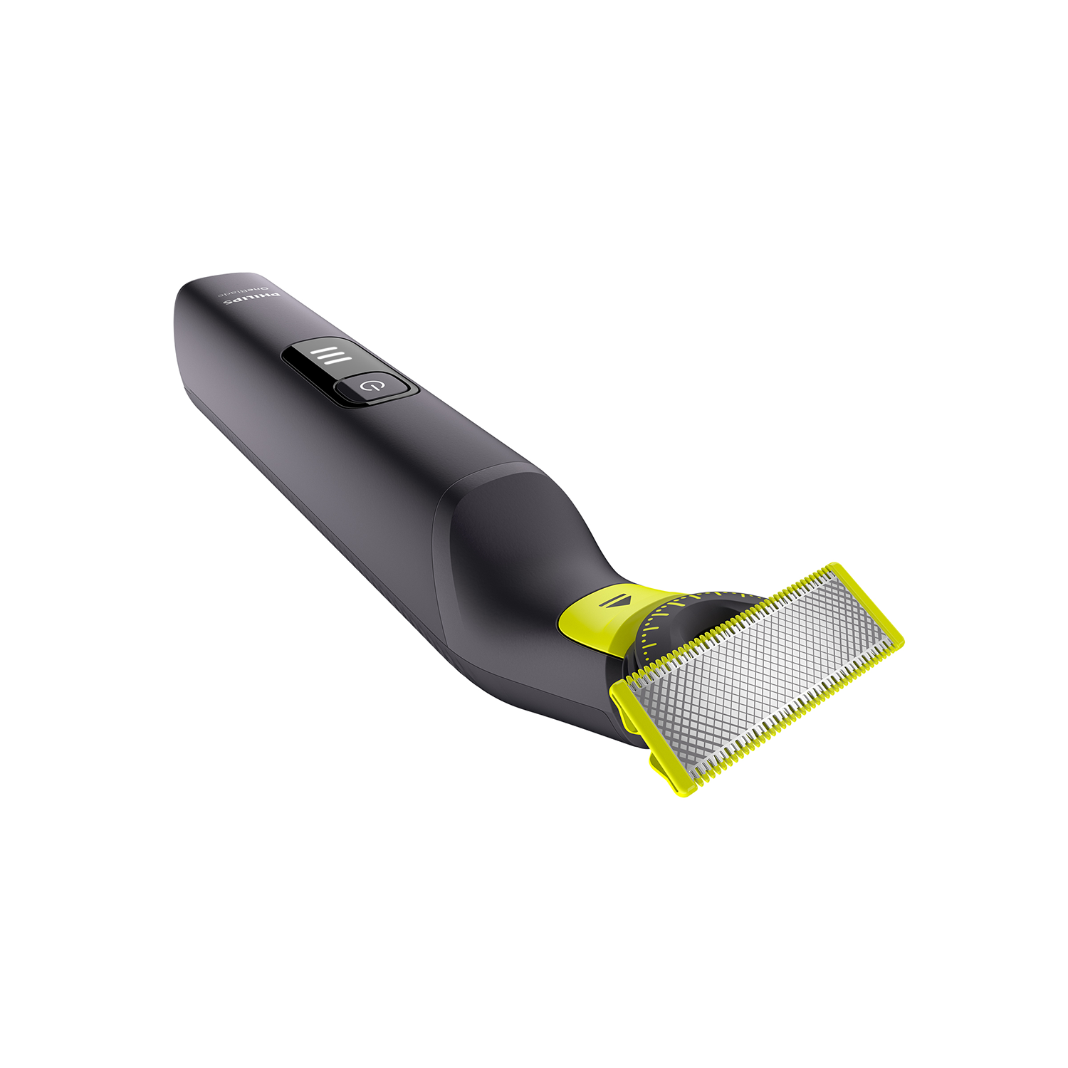 Recortador de barba eléctrico negro y gris con cuchilla amarilla, vista en ángulo, fondo blanco.