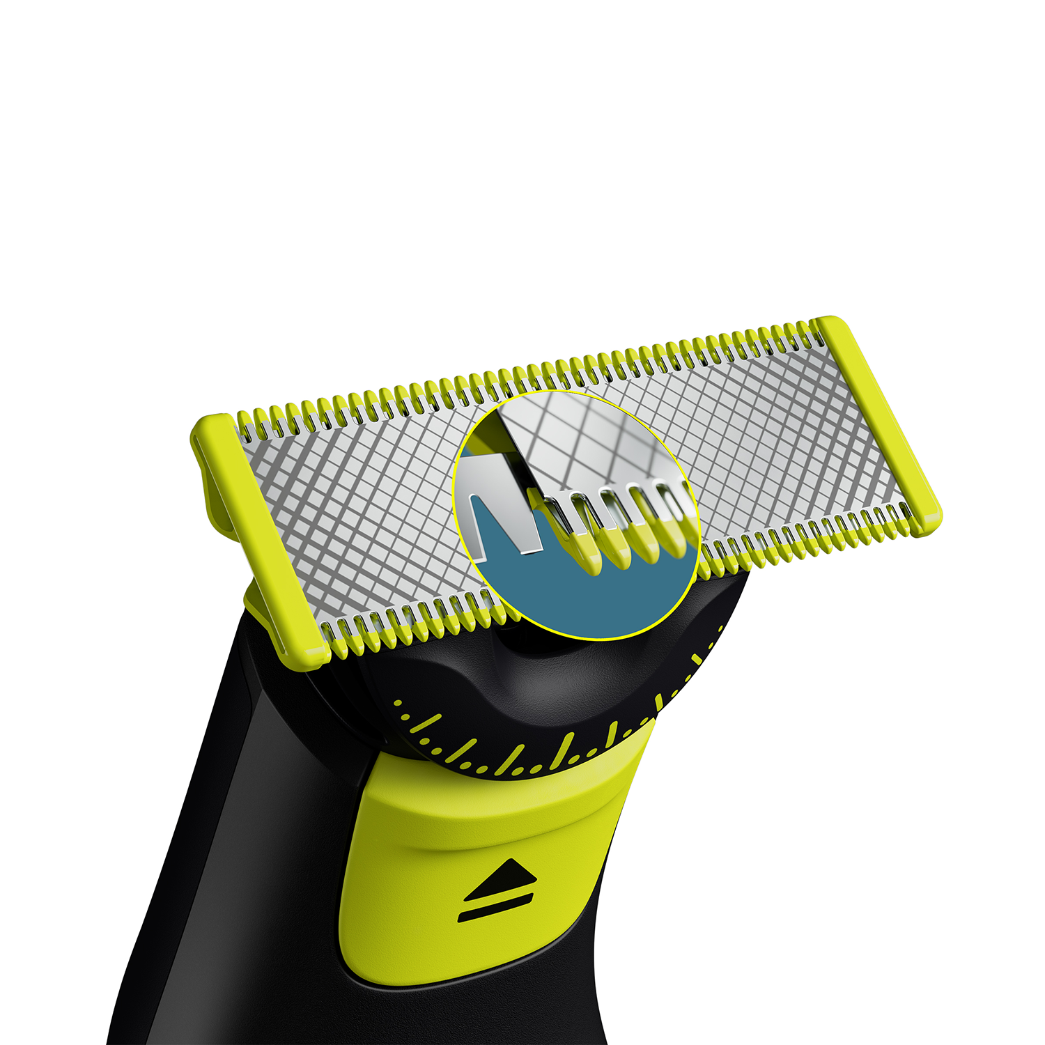 Primer plano de un recortador de barba verde y negro, mostrando la cuchilla y ajustes.