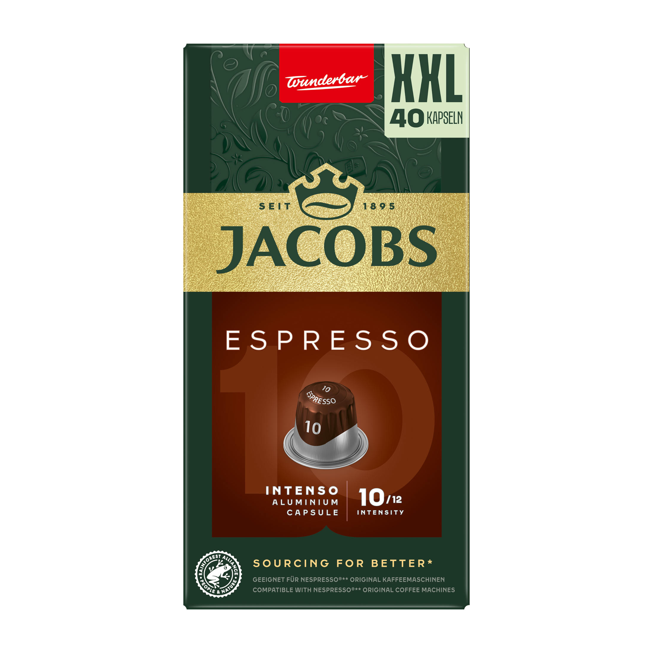 Capsules de café Jacobs Espresso, emballage vert et doré, fond blanc.