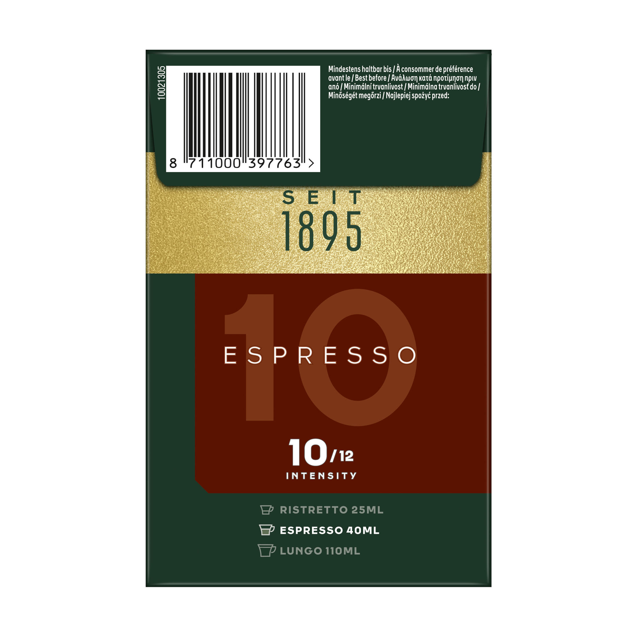 Gros plan d'une boîte de café avec du texte, principalement marron et doré, et le mot 'espresso'.