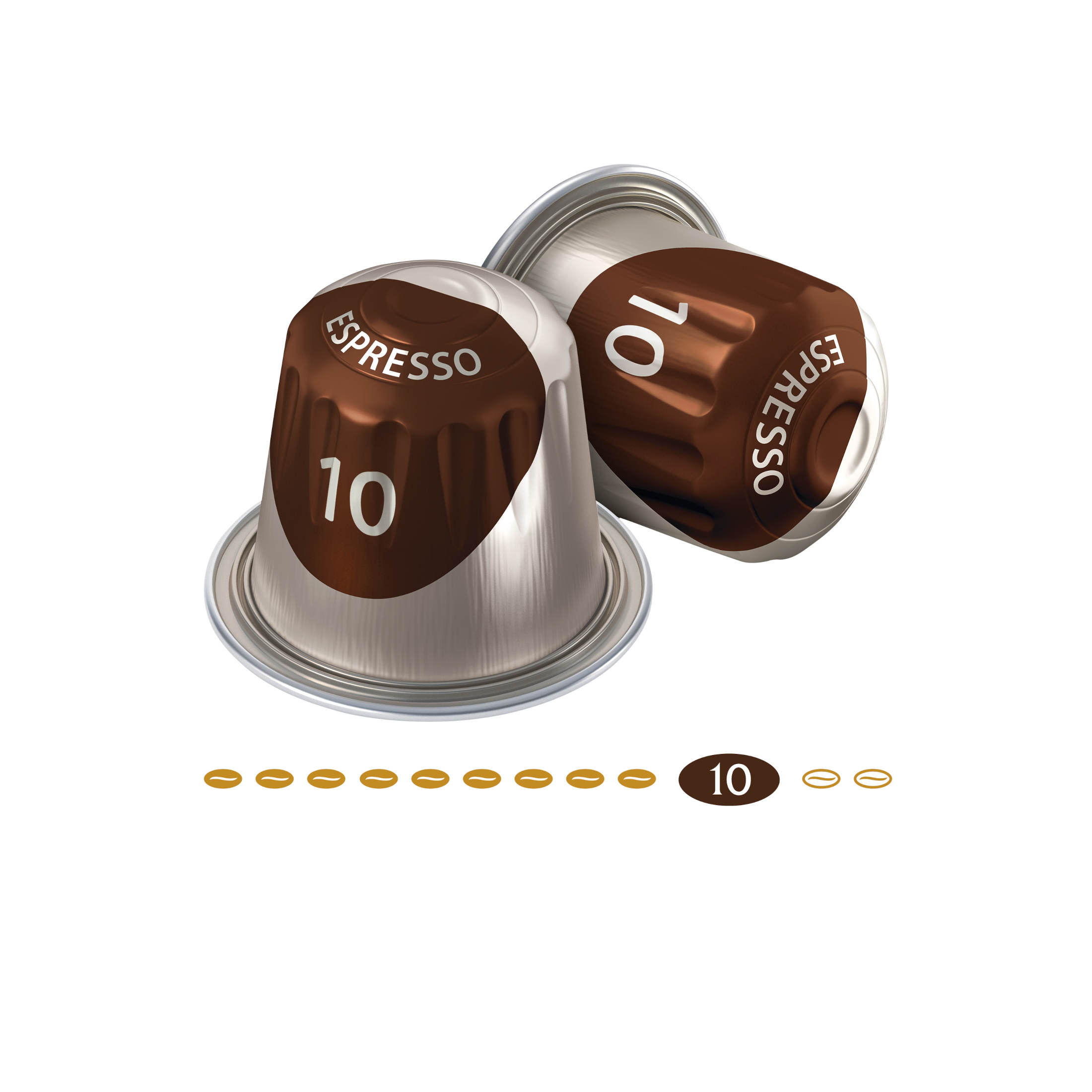 Trois capsules d'espresso avec le numéro 10, ainsi que des grains de café.