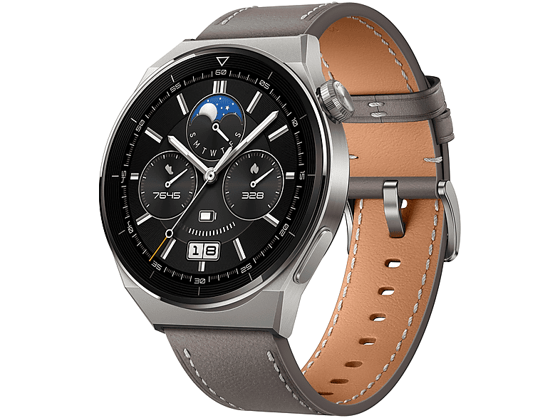 HUAWEI WATCH GT3 PRO 46MM (ODIN-B19V) CLASSIC LEATH. STR. Smartwatch Titanium Echtleder, 140-210 mm, Titanium/Grey