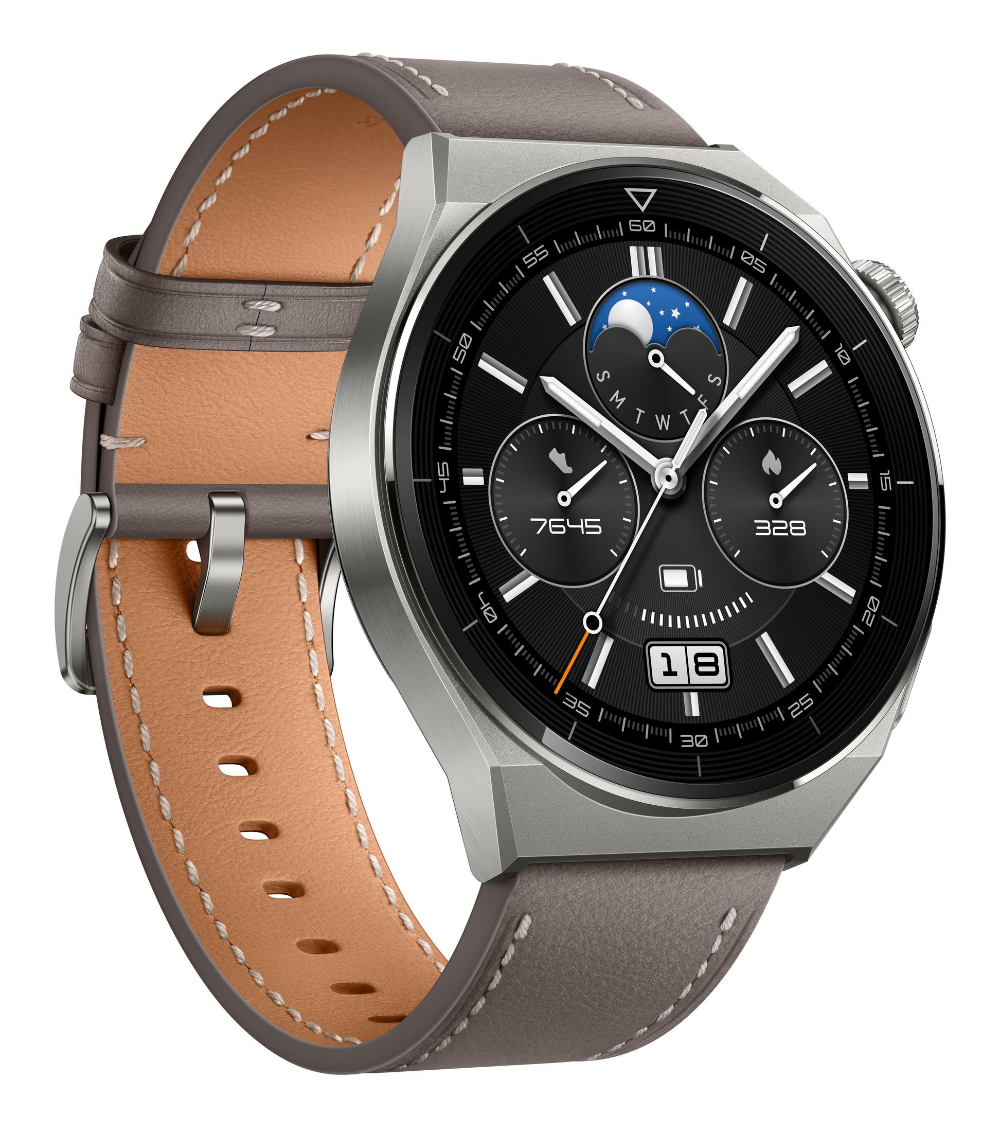 Smartwatch mit grauem Armband und schwarzem Zifferblatt. Anzeige zeigt Datum und Uhrzeit.