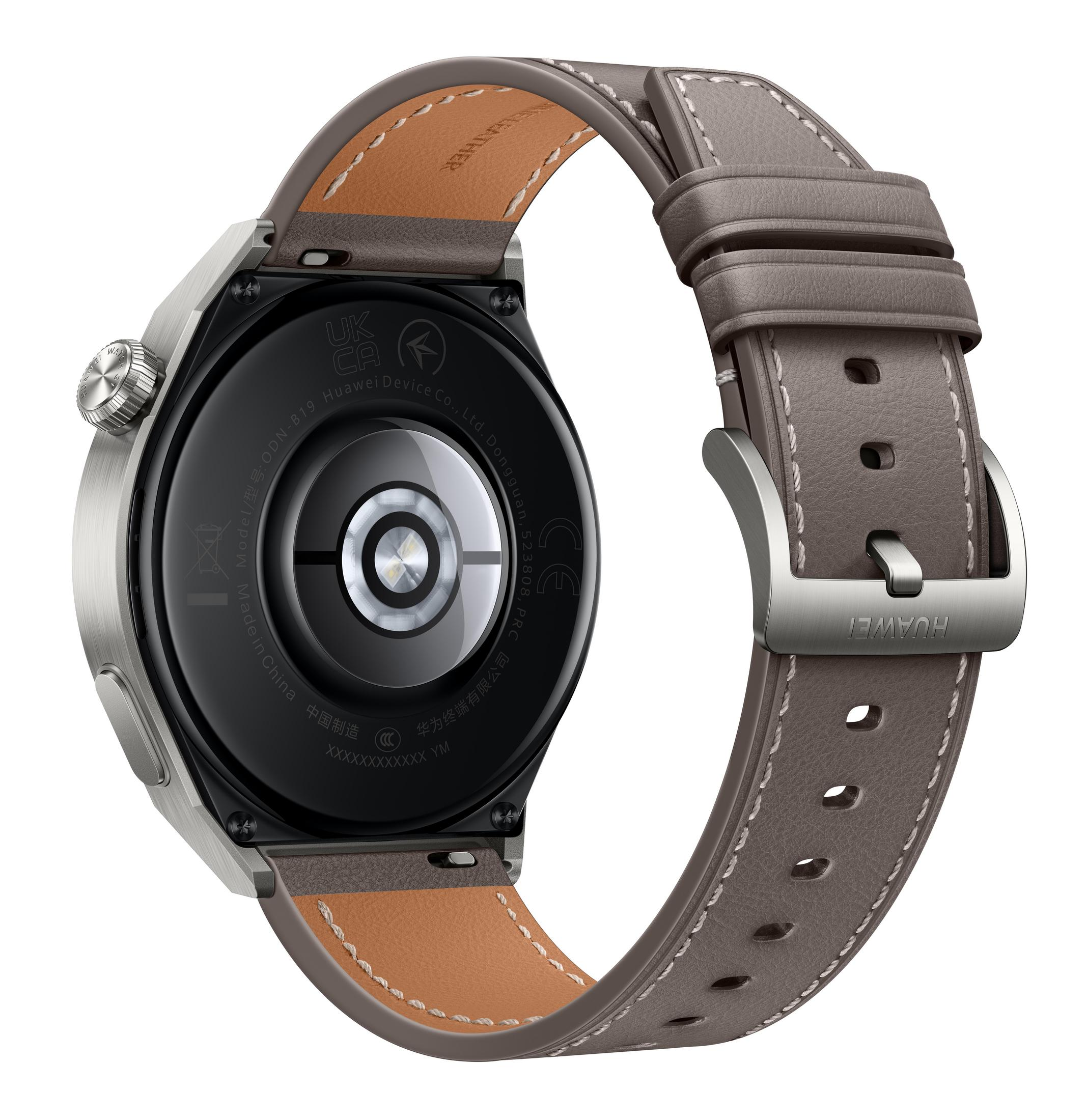 Silberne Smartwatch-Rückseite, braunes Lederarmband. Huawei-Logo. Details: Modell, Seriennummer.