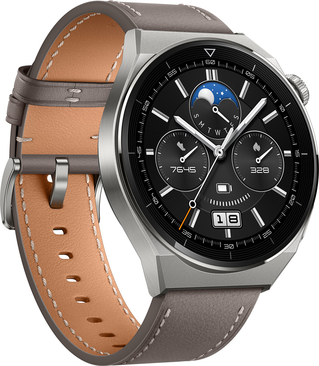 Silberne Smartwatch mit schwarzem Zifferblatt, das Zeit, Datum und Mondphase anzeigt. Graues Lederarmband.