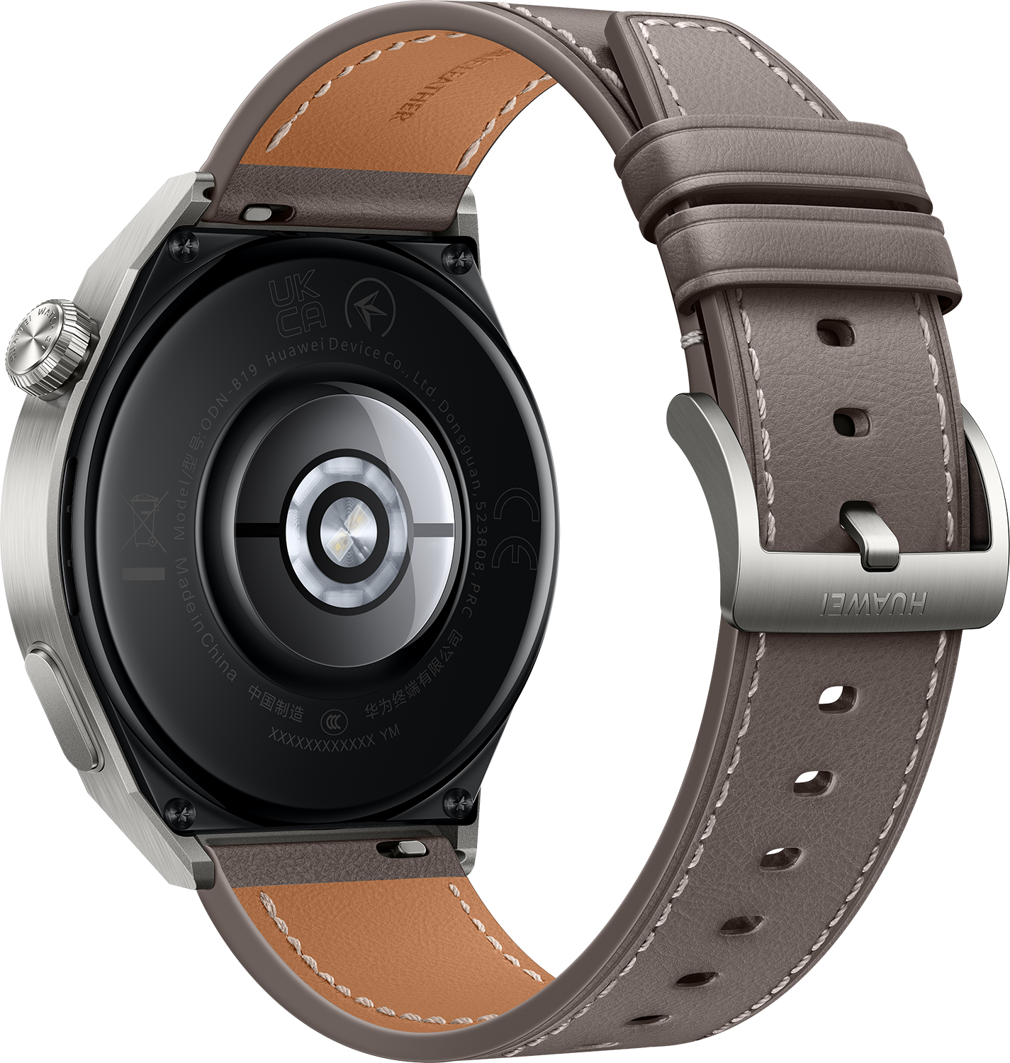 Rückseite der Uhr, graues Lederarmband, silbernes Gehäuse, schwarzes Zifferblatt, Huawei-Branding.