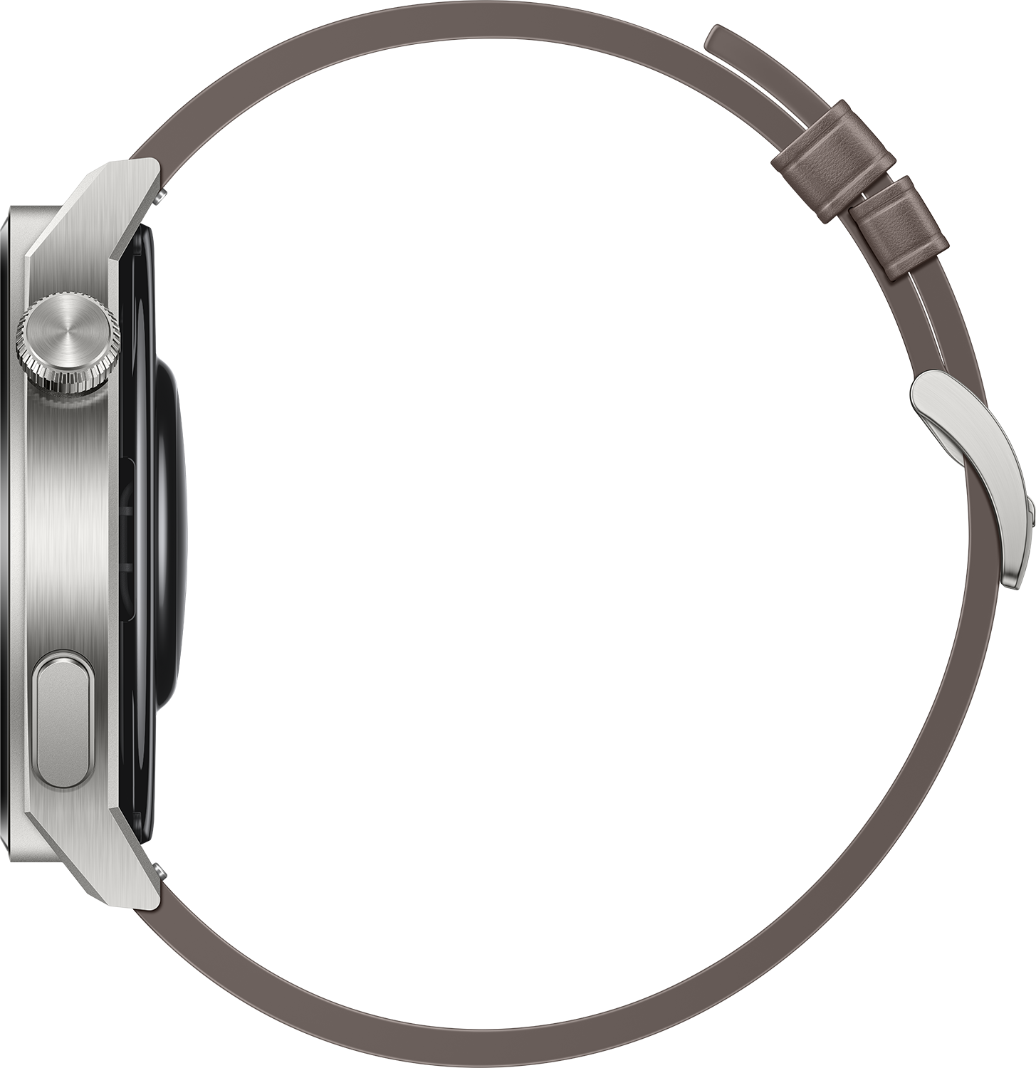 Smartwatch, Seitenansicht, mit braunem Armband auf schwarzem Hintergrund.