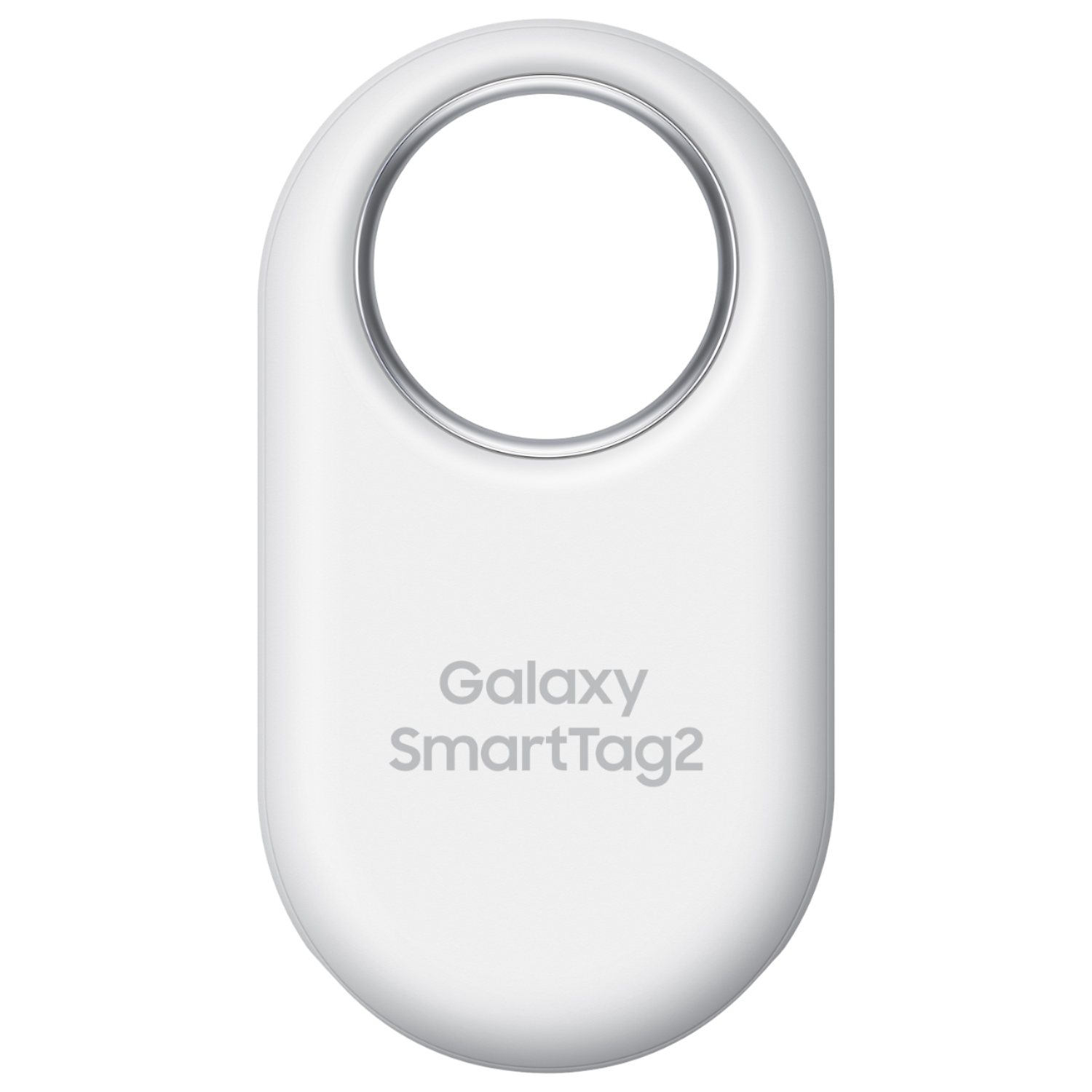 Białe urządzenie Galaxy SmartTag2 ze srebrnym pierścieniem do mocowania.