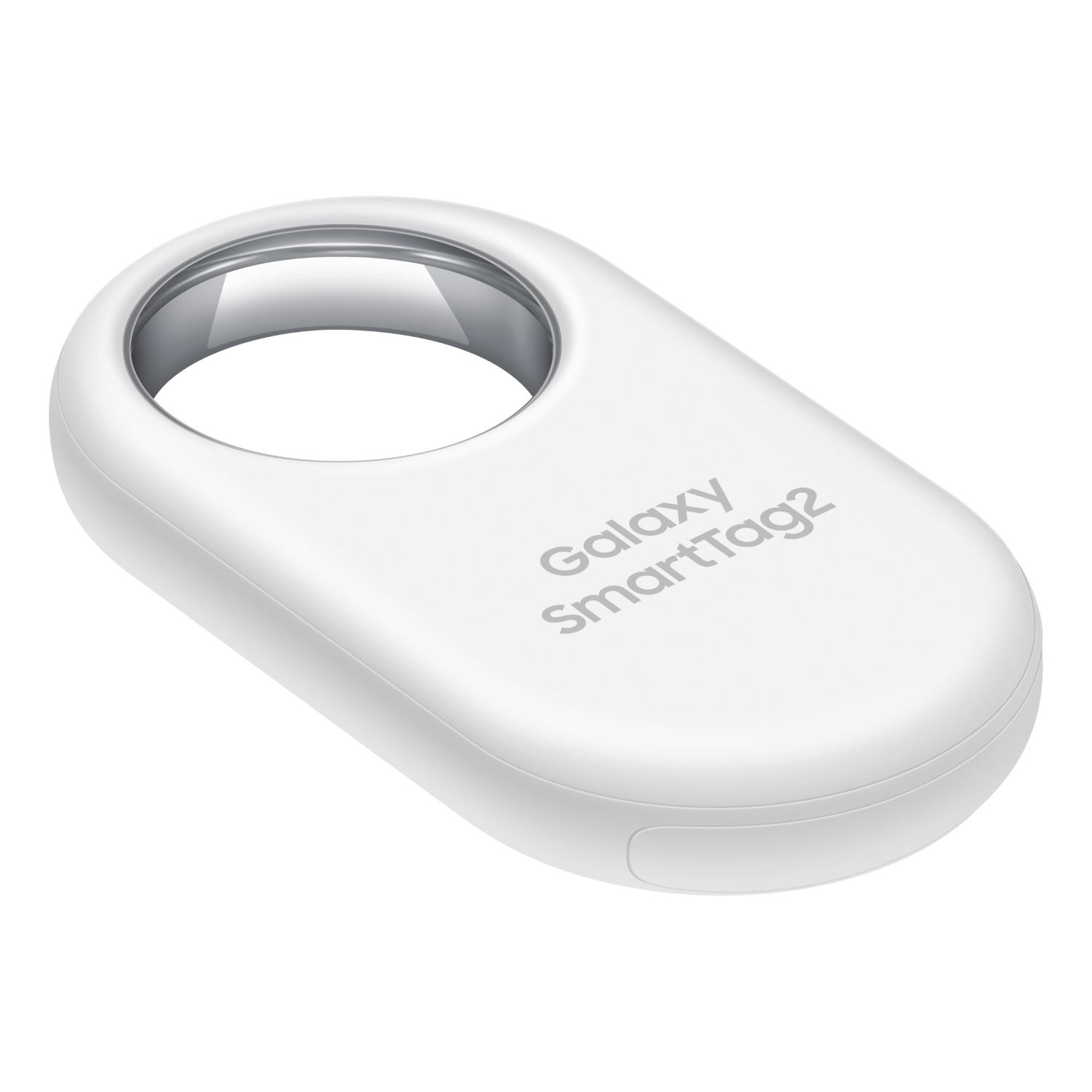 Biały Galaxy SmartTag2. Owalny kształt z otworem. Tag ma logo Galaxy SmartTag2. Na białym tle.