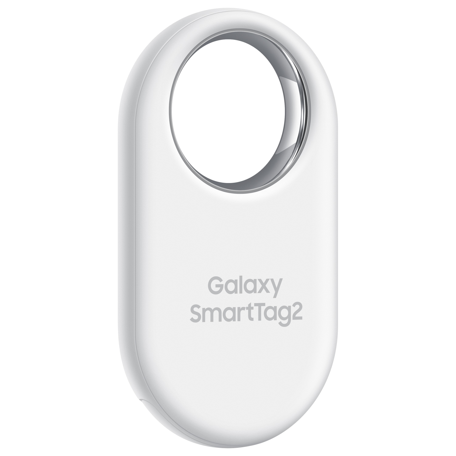 Biały Galaxy SmartTag2, z pierścieniowym designem i nazwą marki, na białym tle.